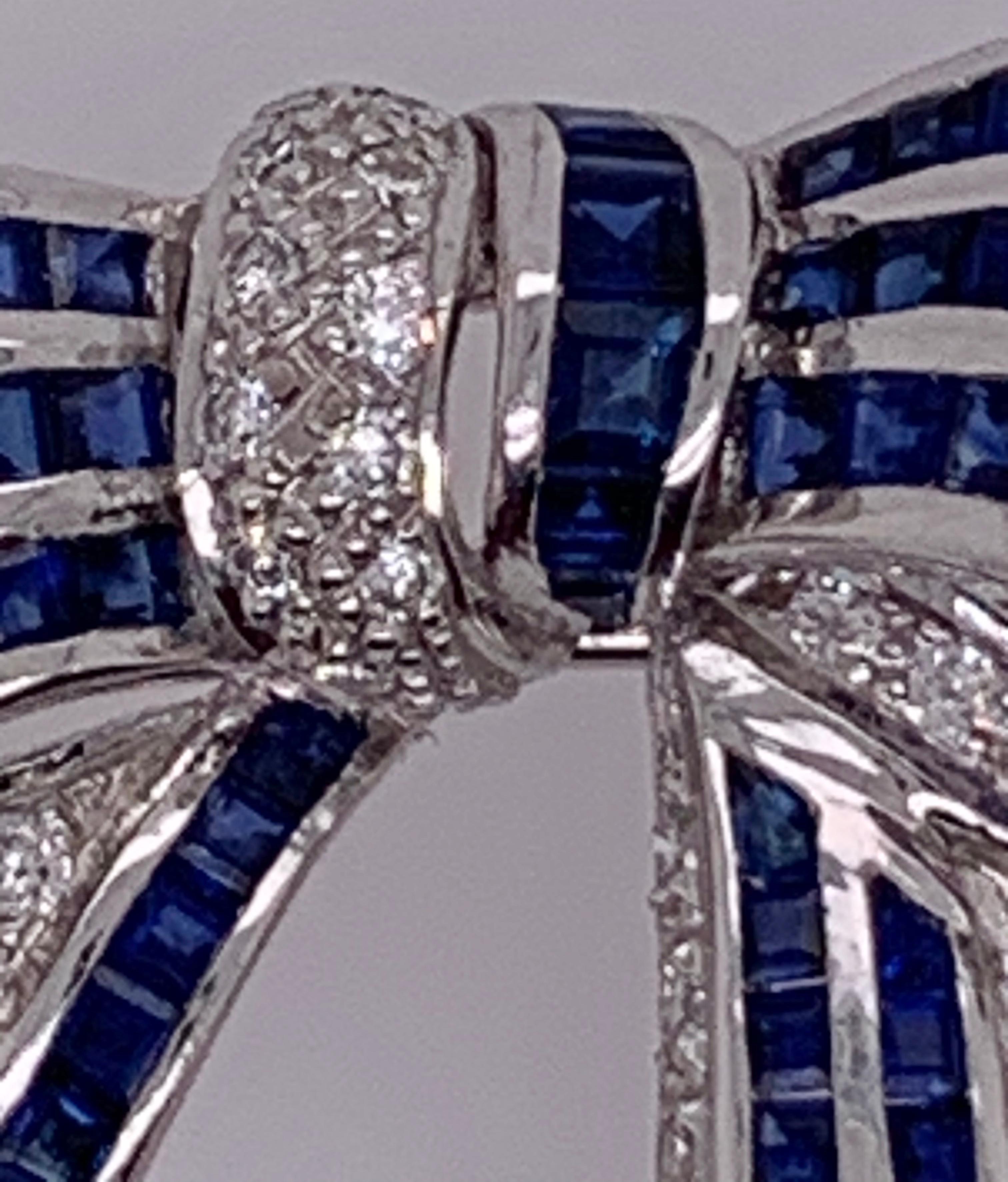 18 Karat White Gold Sapphire and Diamond Bow Pin 1.10 TDW For Sale 2