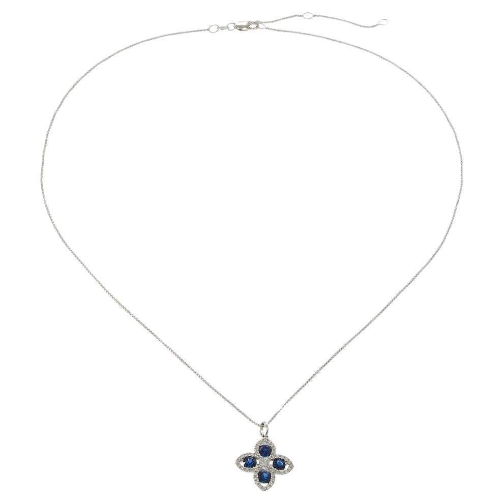18KT White Gold Sapphire and Diamond Flower Pendant Necklace