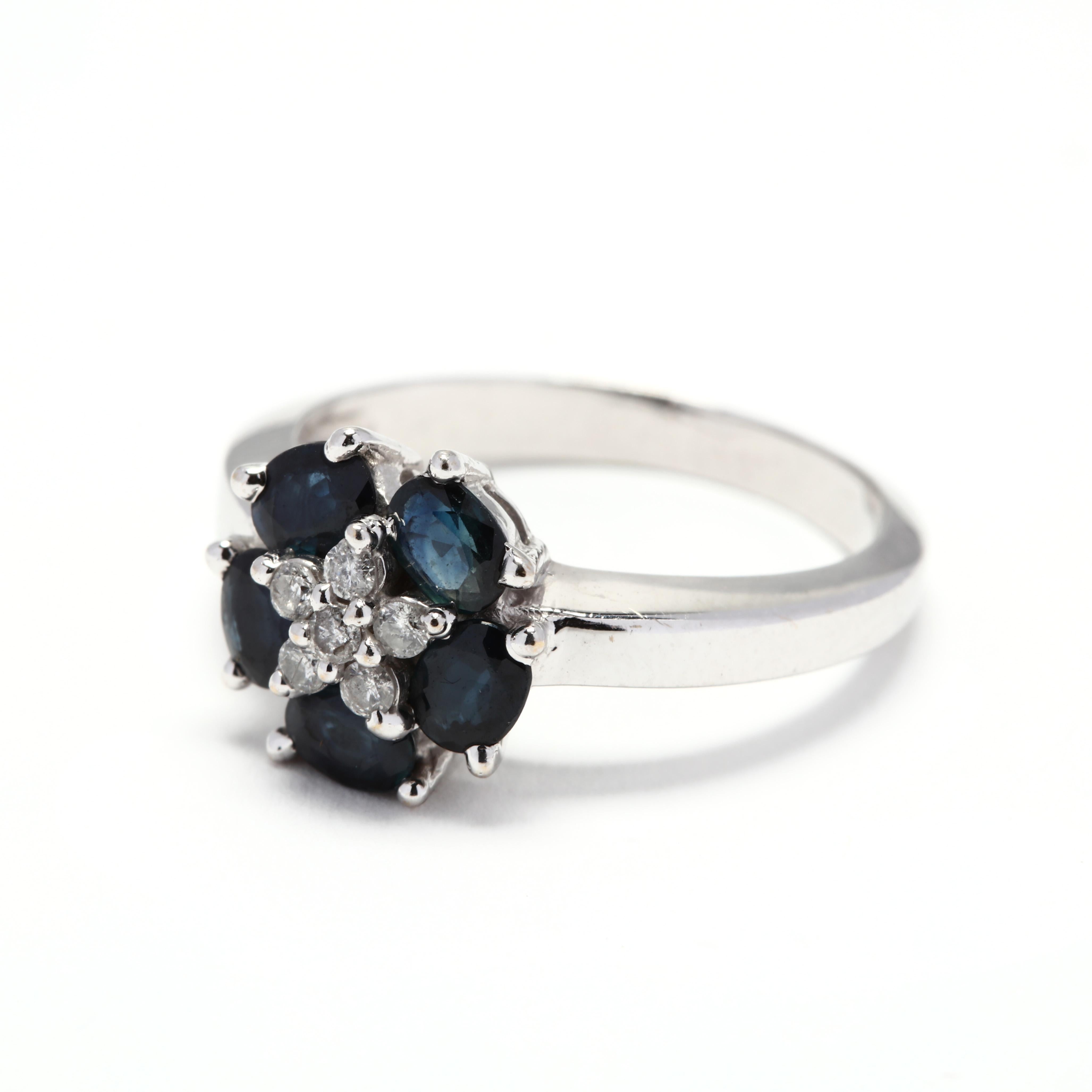 18 Karat White Gold Sapphire and Diamond Flower Ring In Good Condition In McLeansville, NC