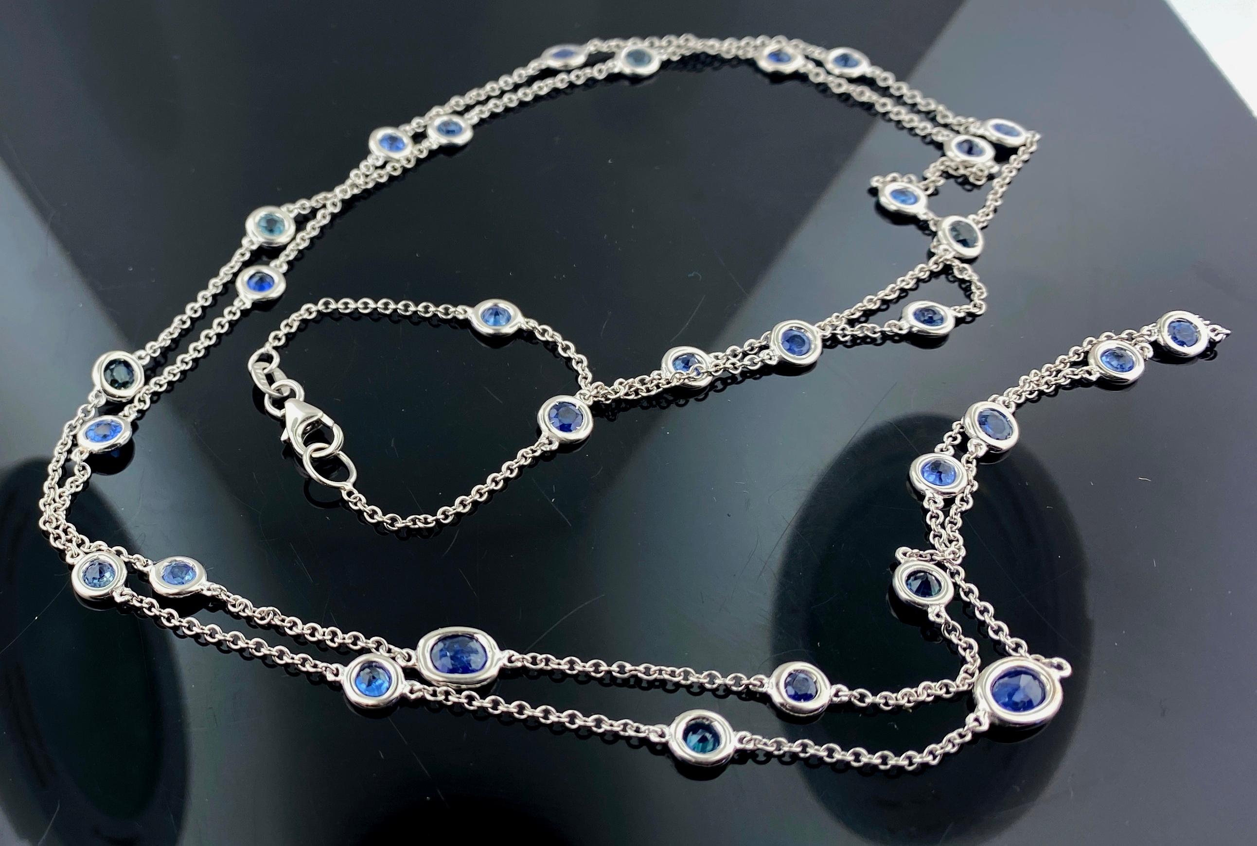 Round Cut 18kt White Gold Sapphires by the Yard Necklace For Sale