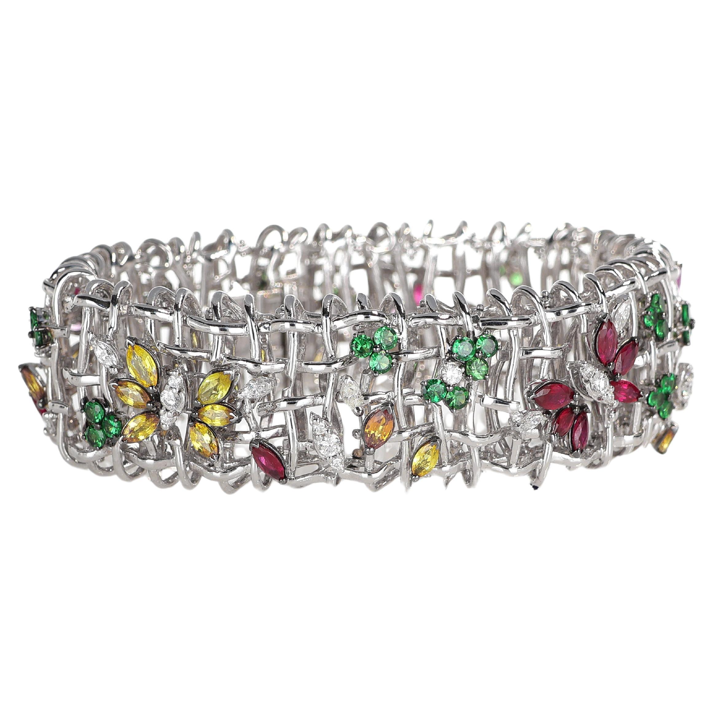 18kt White Gold Semi-Rigid Bracelet with Multicolor Sapphires and Diamonds