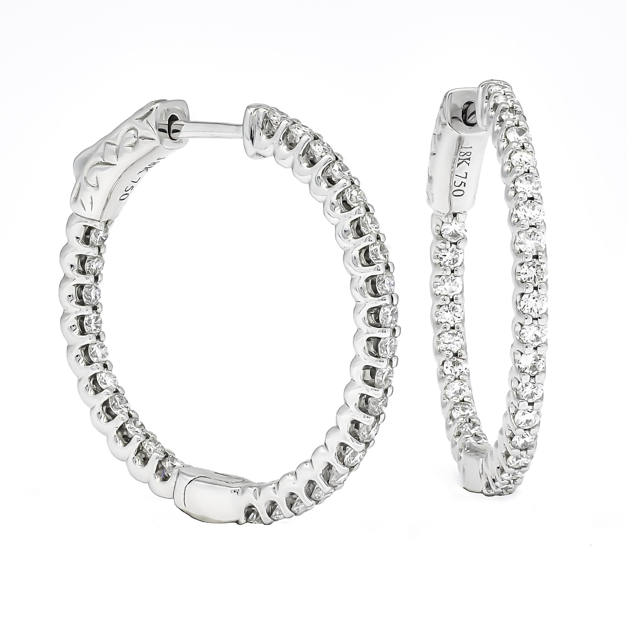 Brilliant Cut 18 Karat White Gold Single Row Diamond in and Out Hoop Huggies Earring For Sale