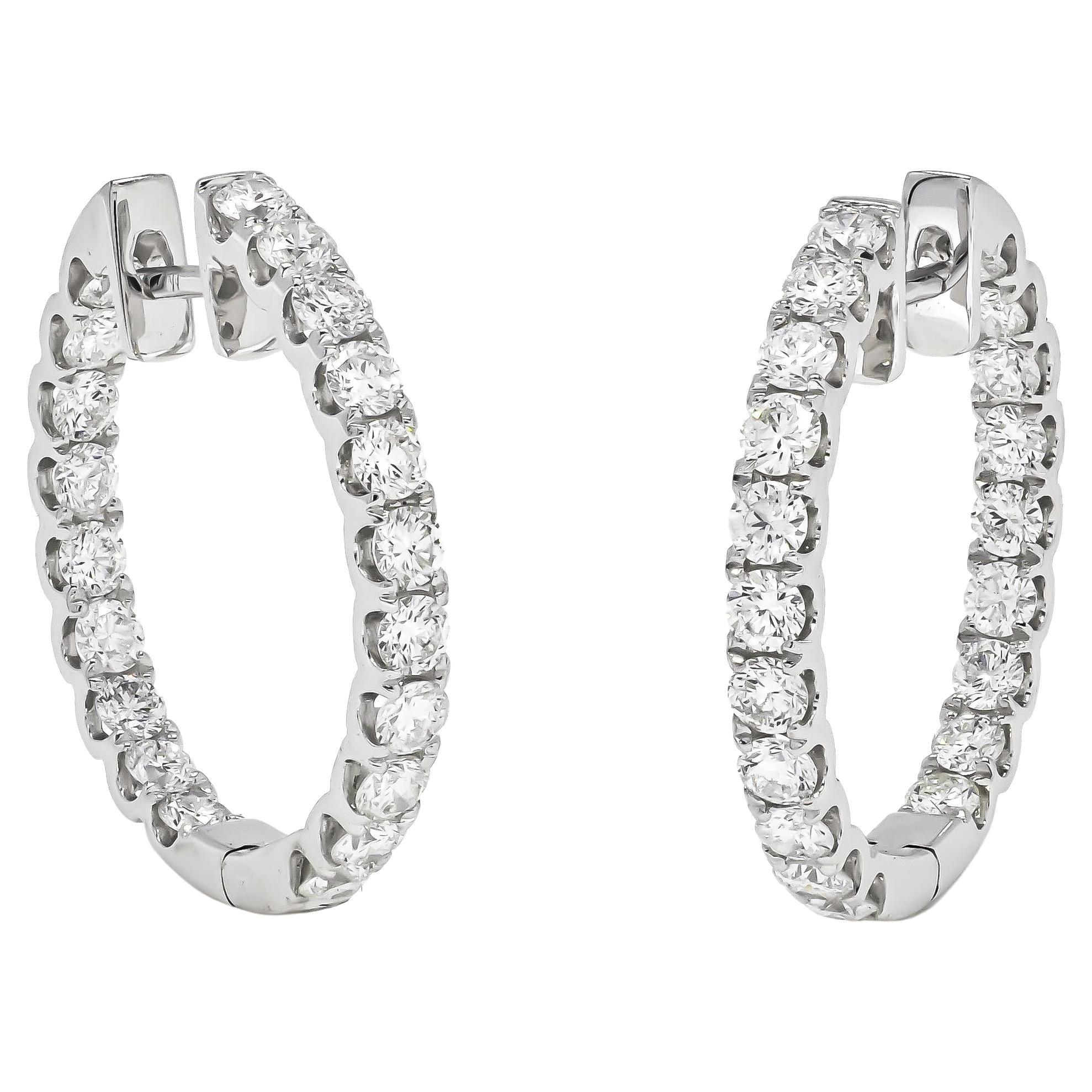 18KT White Gold Single Row Natural Diamond In-Out Classic Hoop Huggies Earring For Sale
