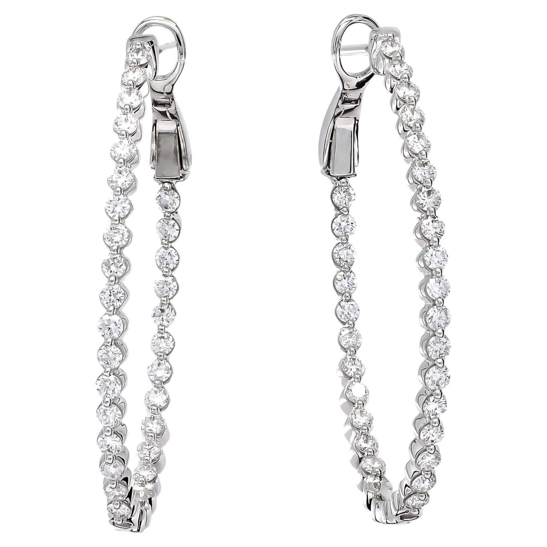 Natural Diamond 1.46 carats 18Kt White Gold 'In and Out' Hoop Huggies Earring For Sale