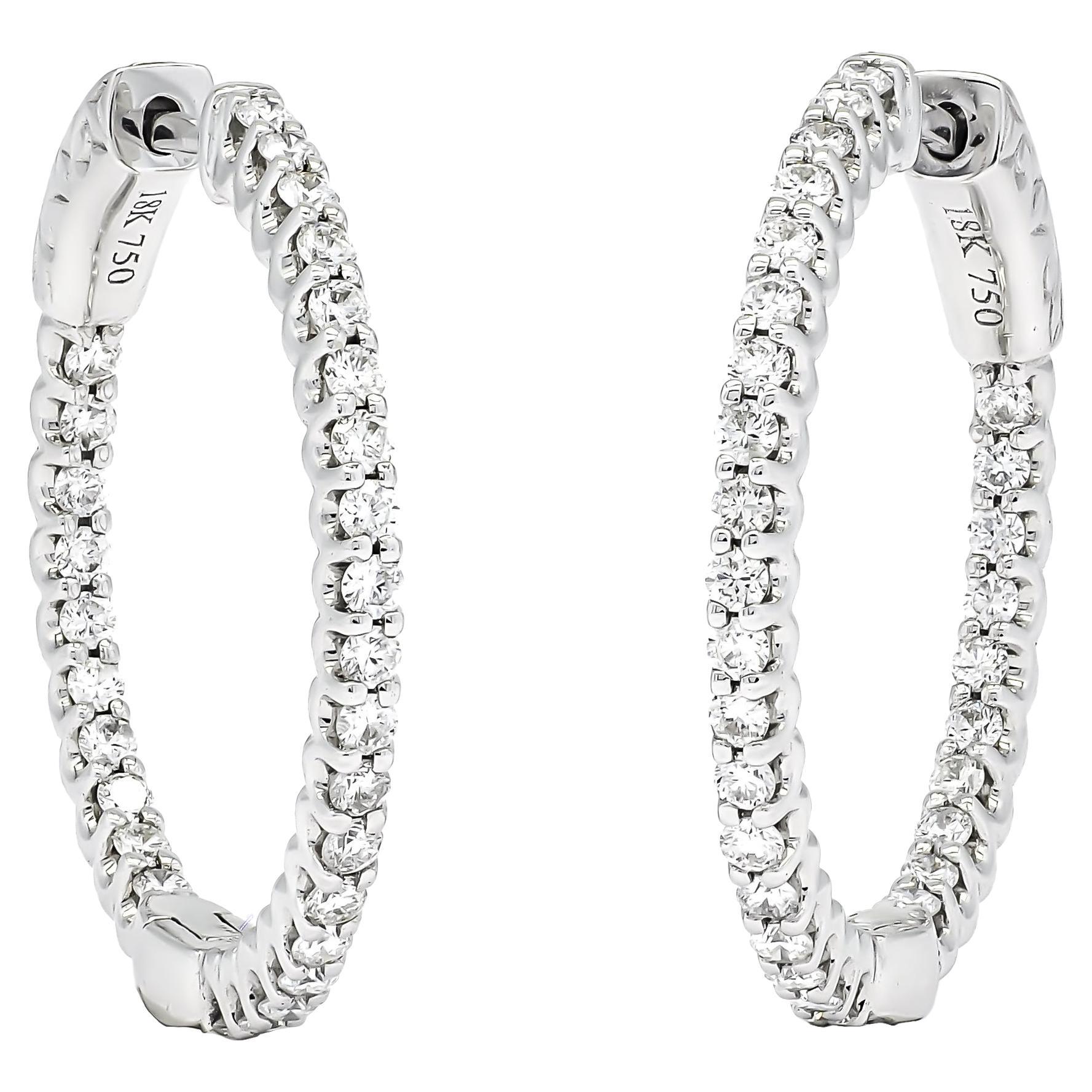 18KT White Gold Single Row Diamond In and Out Hoop Huggies Earring