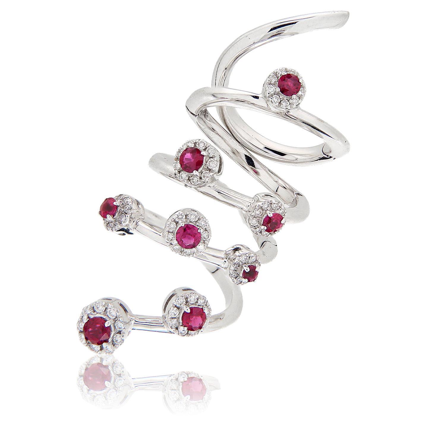 18Kt White Gold "Snake" Ring Jointed Rubies & Diamonds For Sale