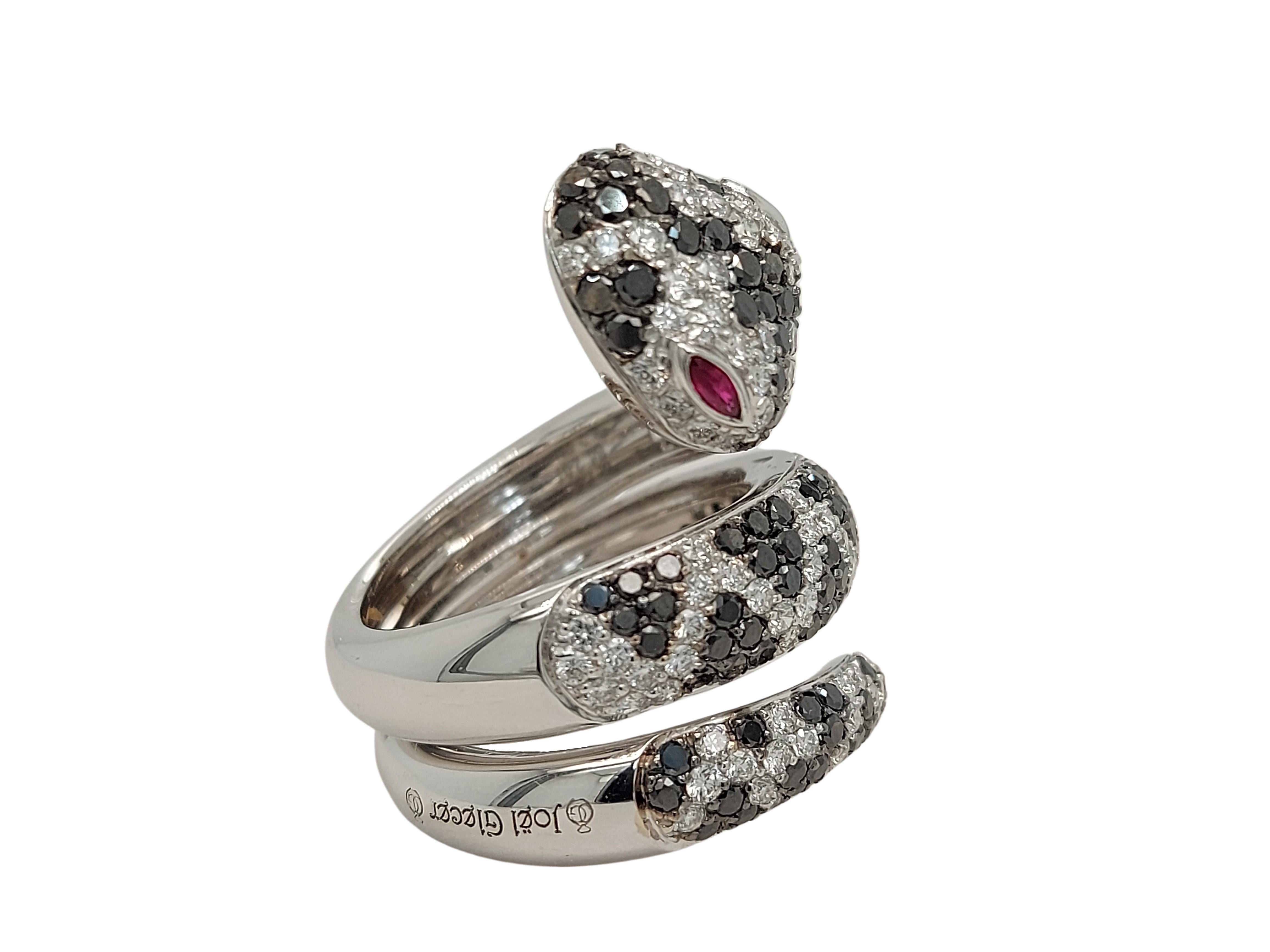 18kt White Gold Snake Ring with 2.04ct Black & 1.75ct White Diamonds & Ruby Eyes For Sale 1
