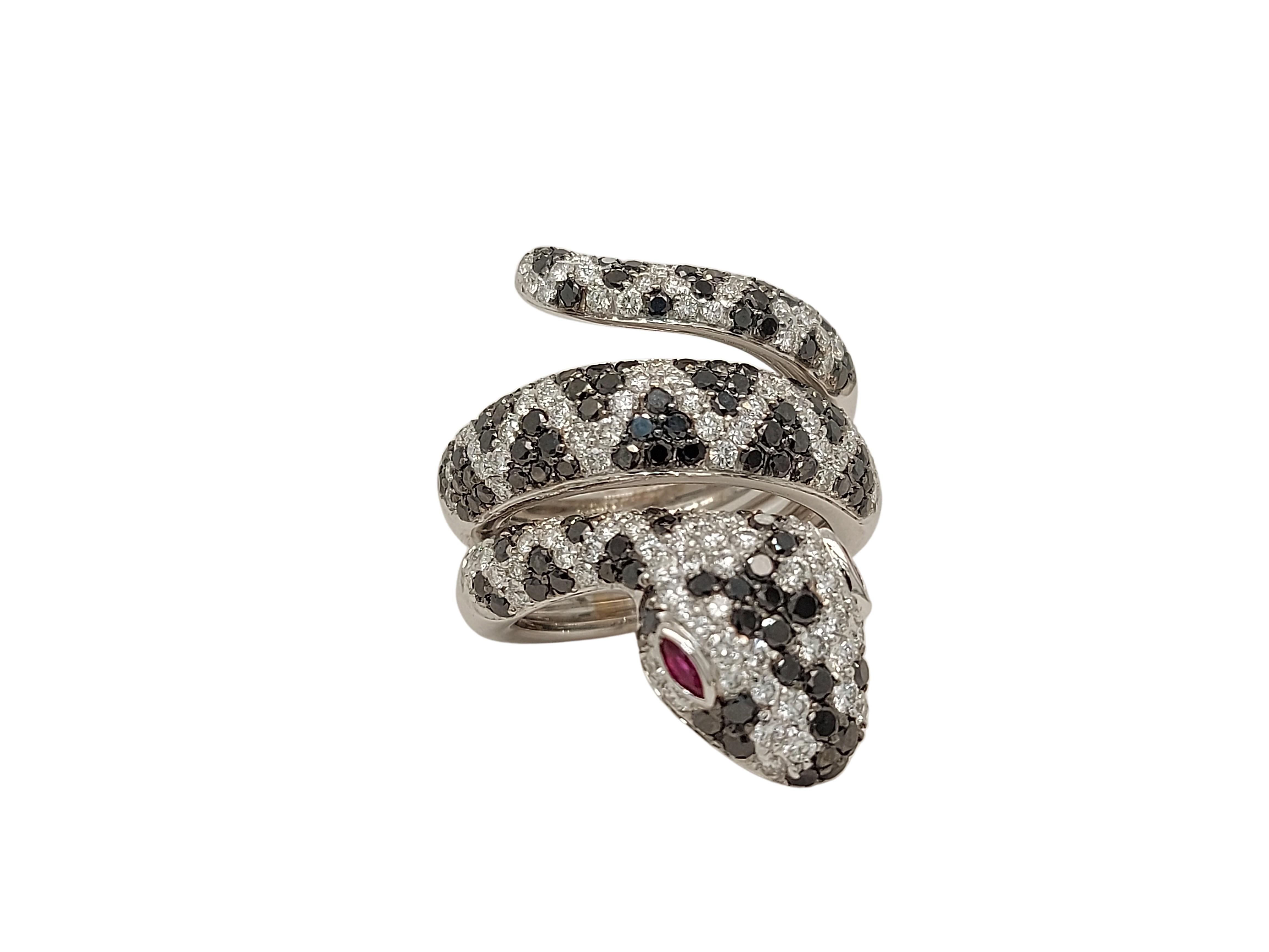 Brilliant Cut 18kt White Gold Snake Ring with 2.04ct Black & 1.75ct White Diamonds & Ruby Eyes For Sale