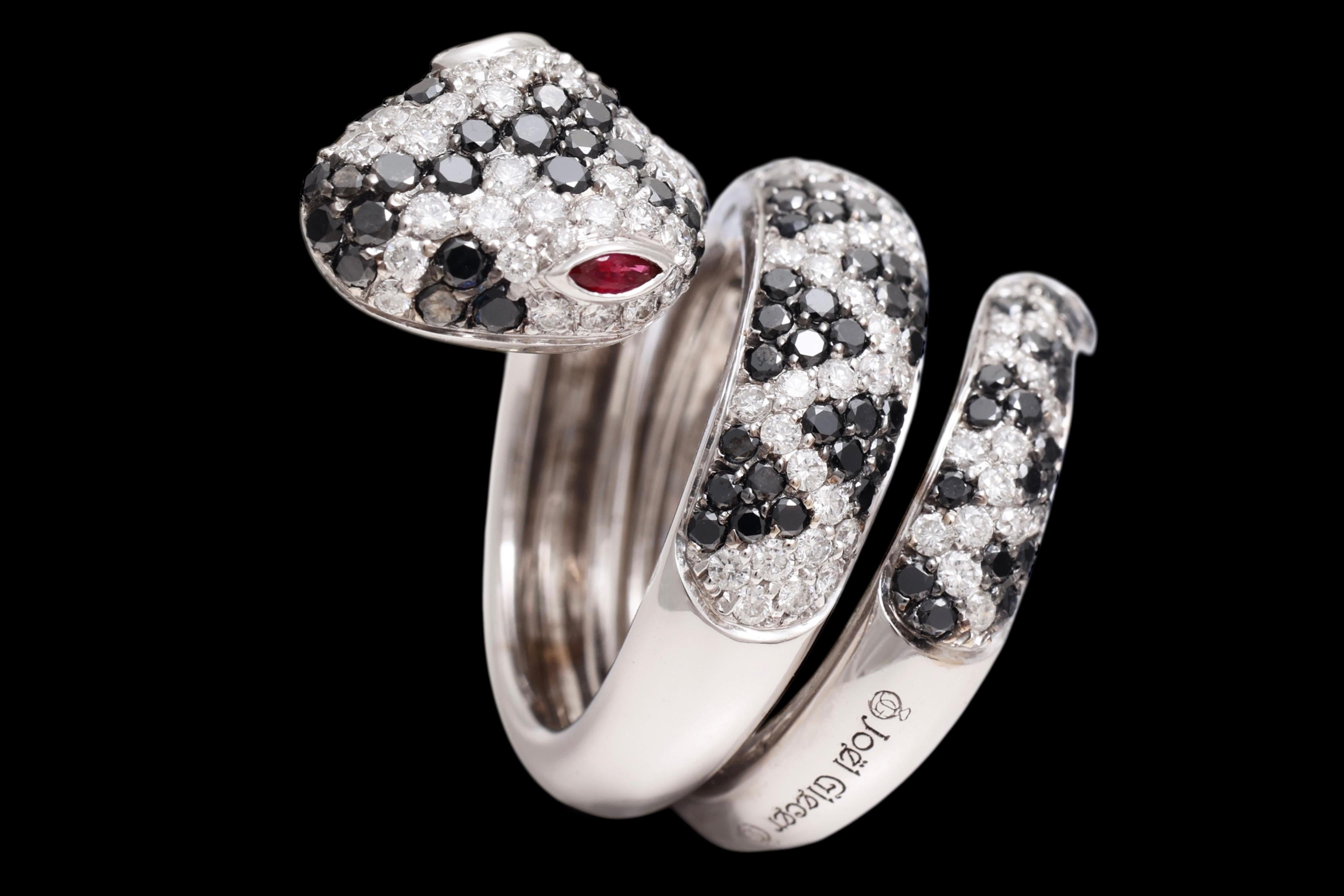 Bague serpent en or blanc 18 carats avec diamants noirs de 2,04 carats, diamants blancs de 1,75 carats et yeux de rubis en vente 2