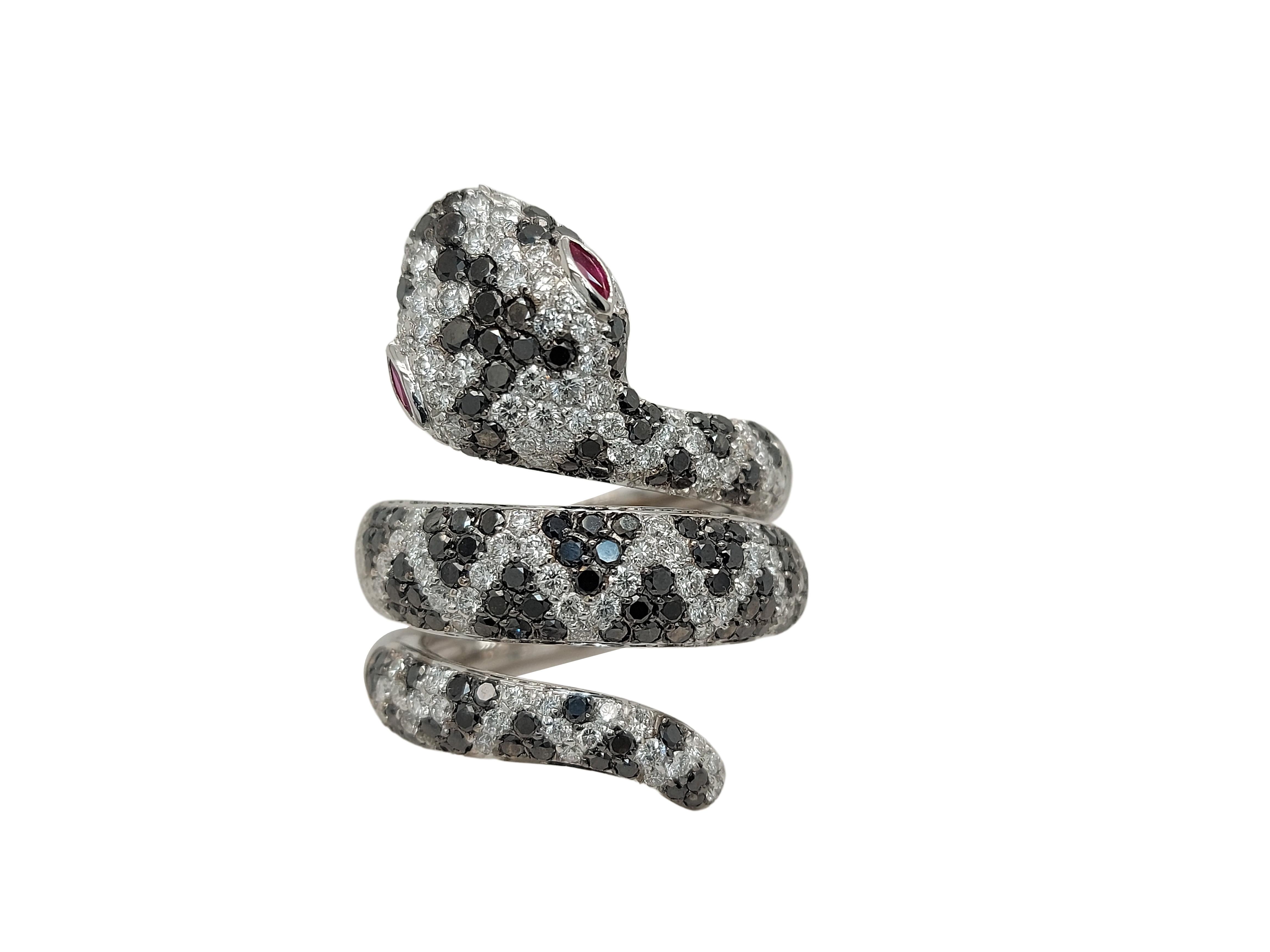 Women's or Men's 18kt White Gold Snake Ring with 2.04ct Black & 1.75ct White Diamonds & Ruby Eyes For Sale