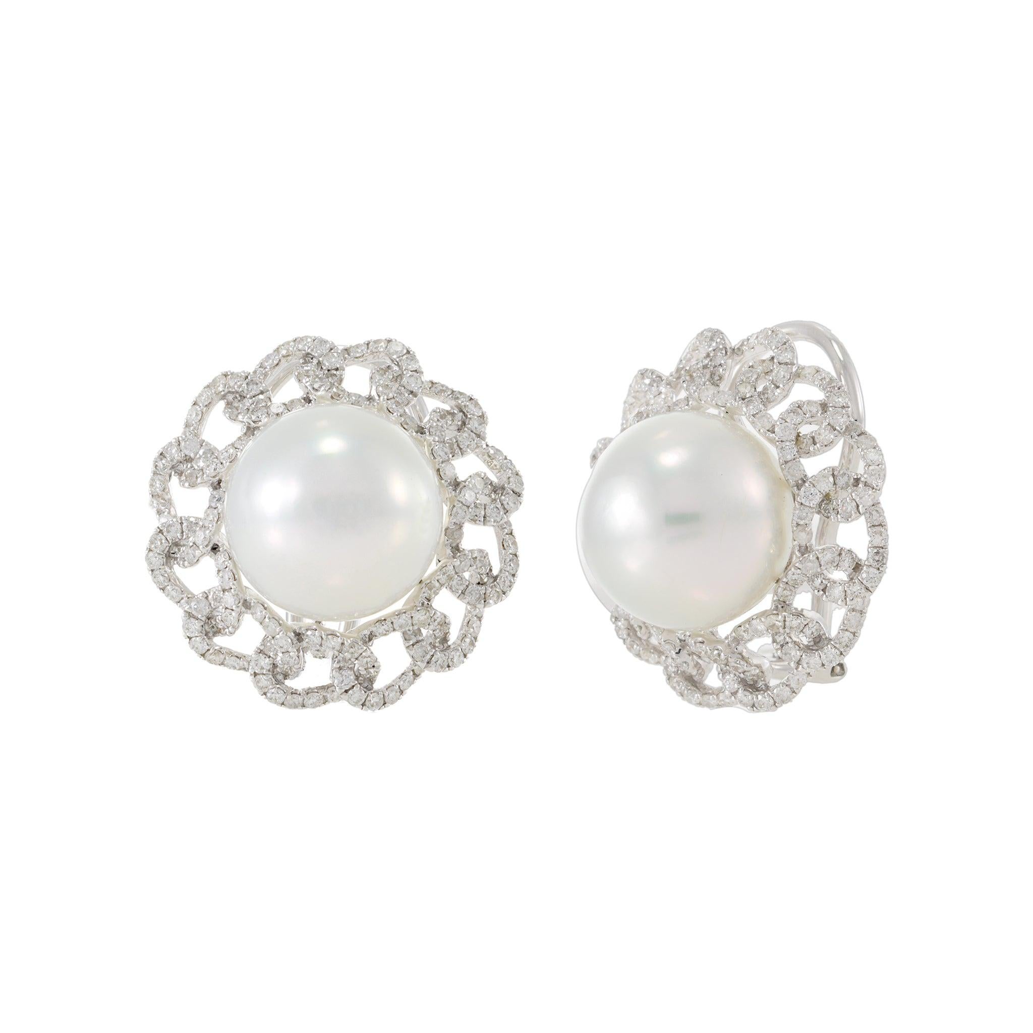 Modern 18KT White Gold South Sea Pearl and Diamond Chain Halo Earrings For Sale