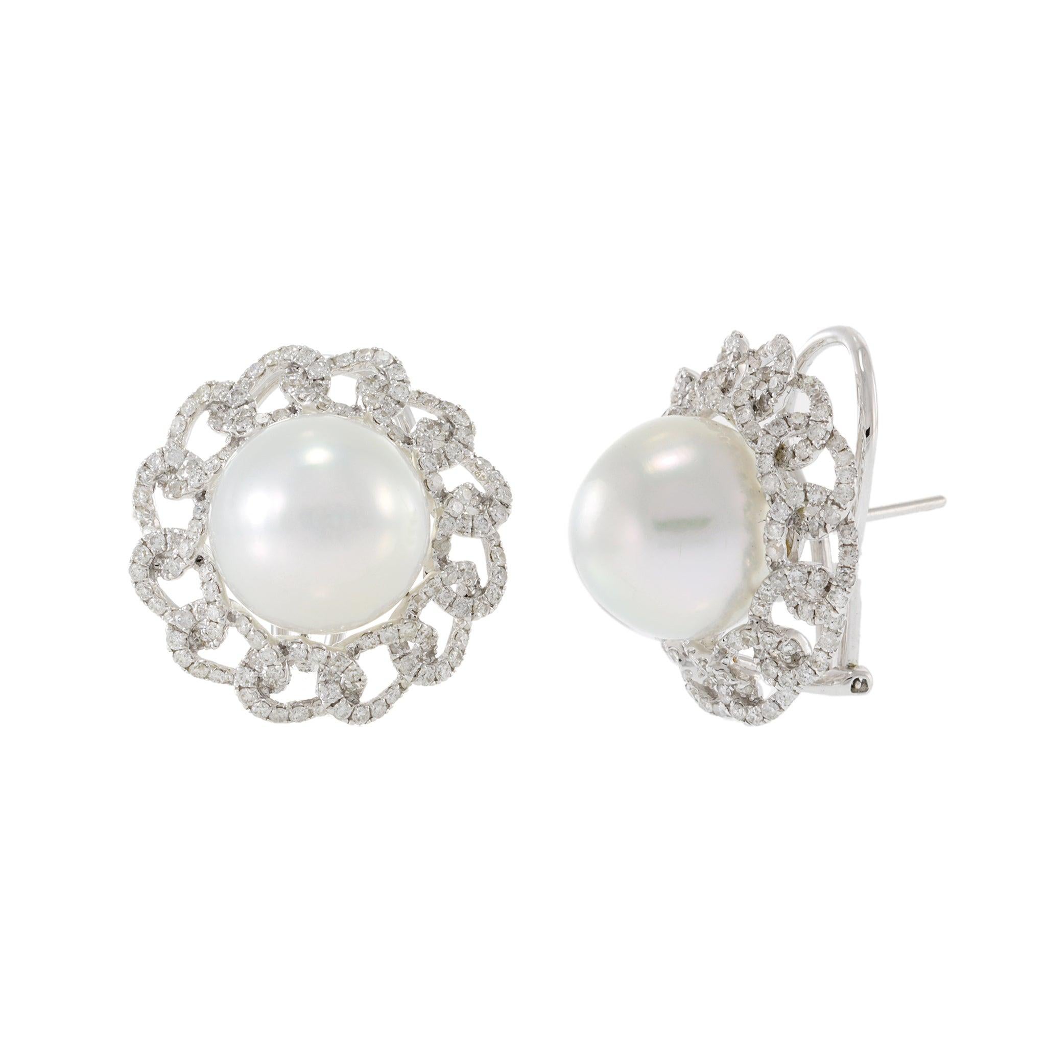 Round Cut 18KT White Gold South Sea Pearl and Diamond Chain Halo Earrings For Sale