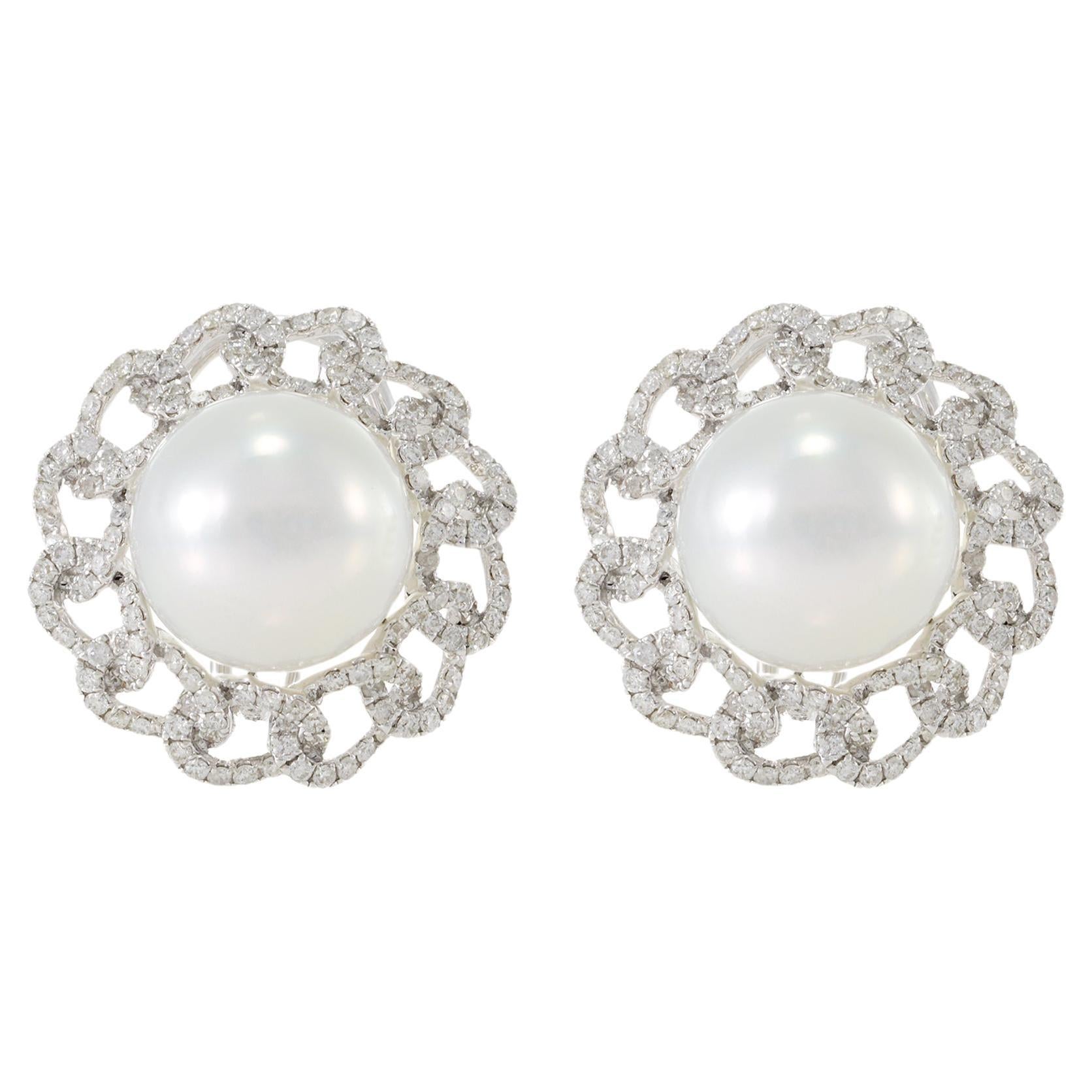 18KT White Gold South Sea Pearl and Diamond Chain Halo Earrings
