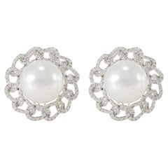 18KT White Gold South Sea Pearl and Diamond Chain Halo Earrings