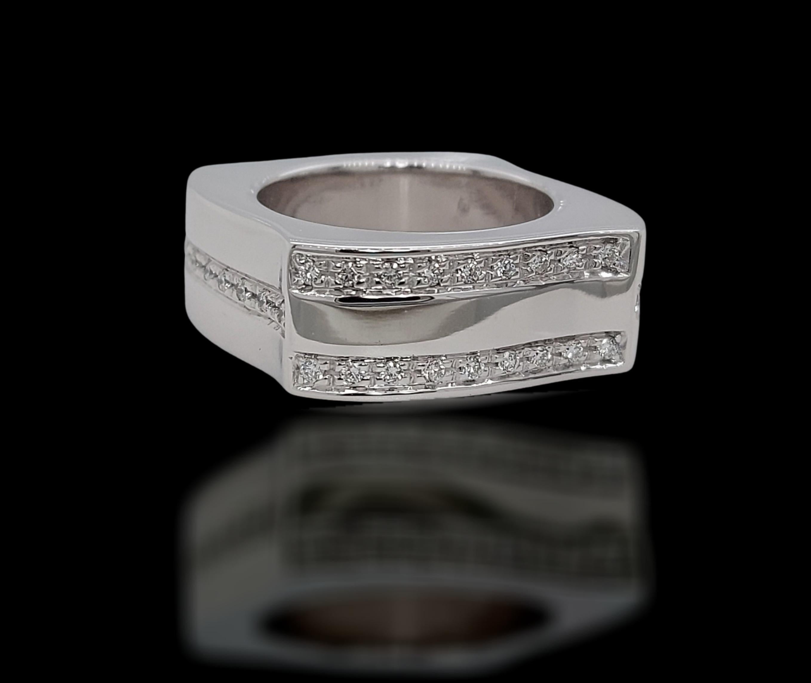 18kt White Gold Square, Wave Schroeder Joailliers Ring with Diamonds

Diamonds: 42 Diamonds, together 0.63ct

Material: 18kt solid White Gold

Ring size: 54.4 EU / 7US 

Total weight: 19 gram / 0.670 oz / 12.2 dwt