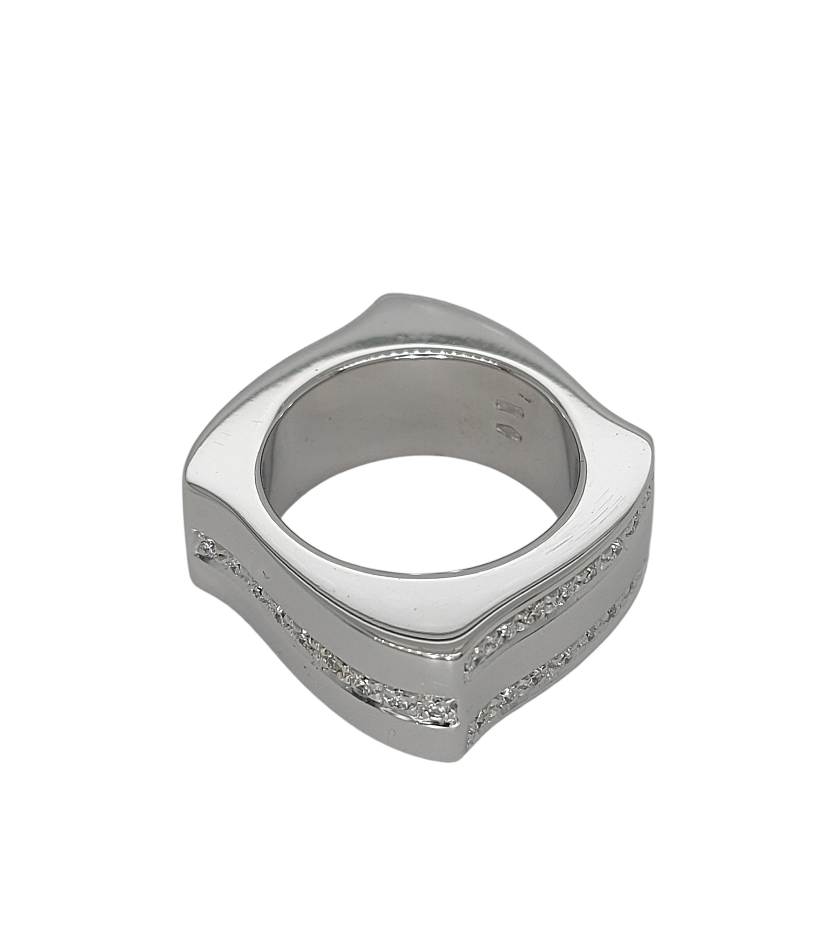 Artisan 18kt White Gold Square, Wave Schroeder Joailliers Ring with Diamonds For Sale