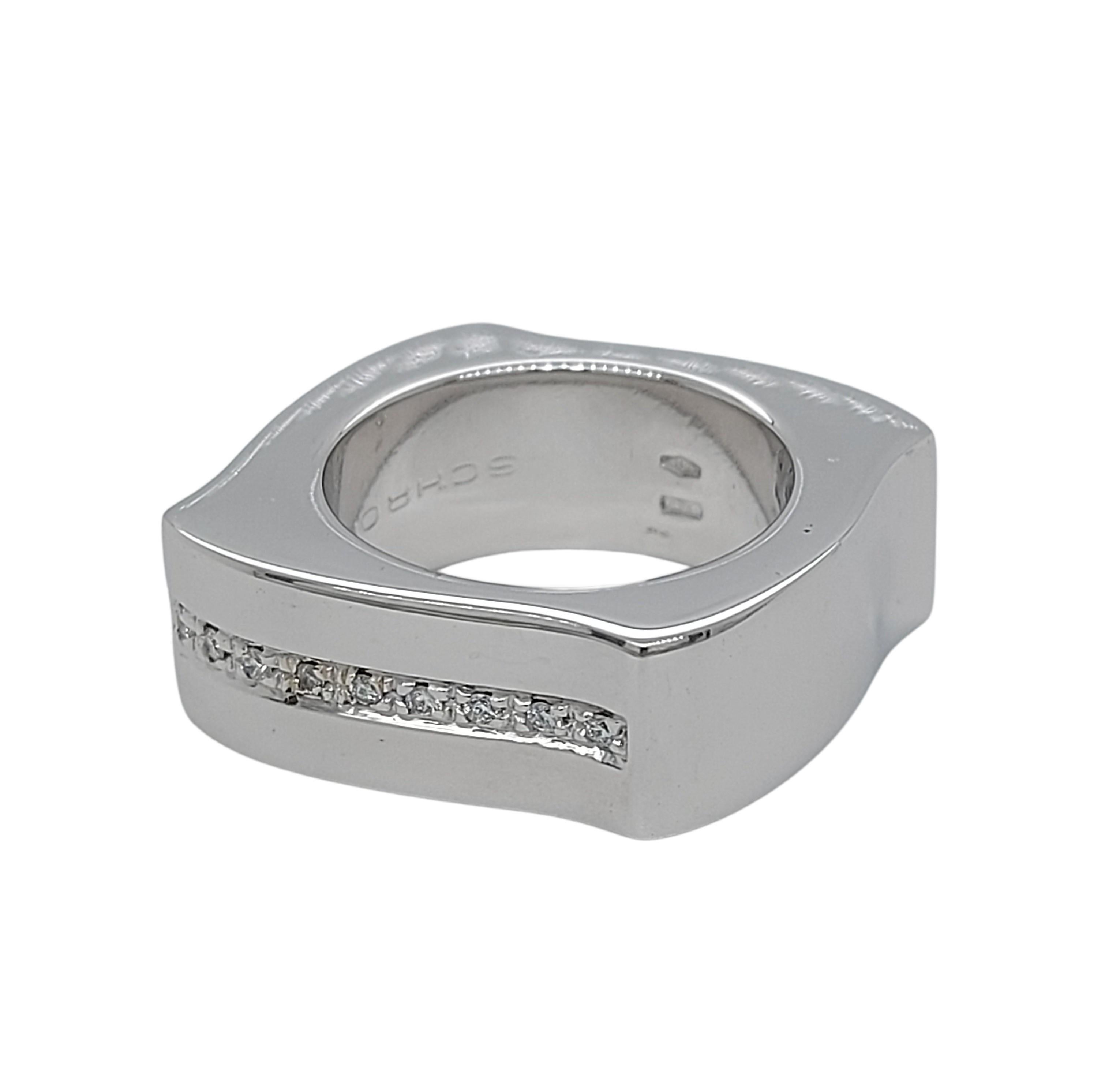 Women's or Men's 18kt White Gold Square, Wave Schroeder Joailliers Ring with Diamonds For Sale