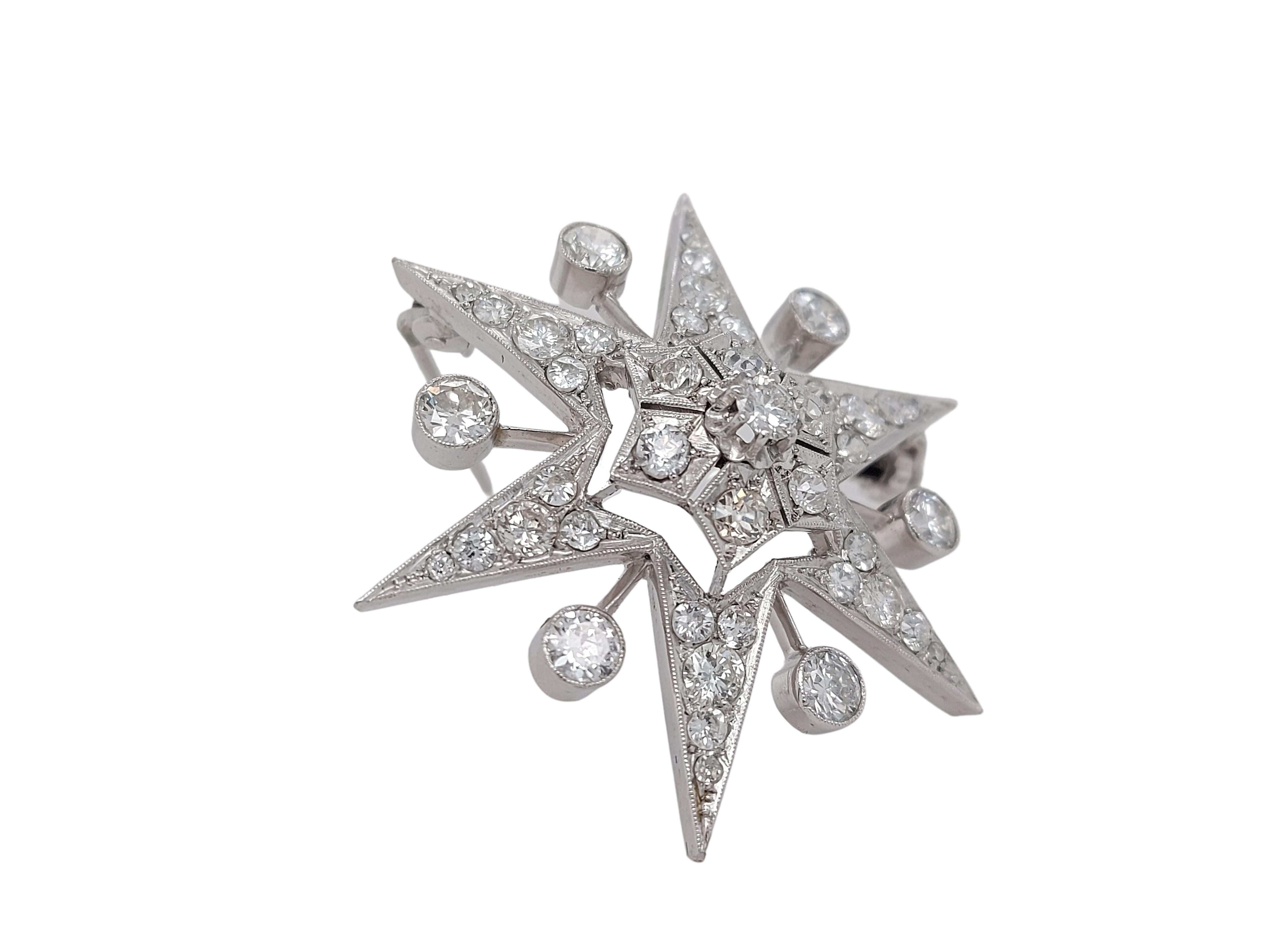 Artisan 18kt White Gold Star Shape Brooch / Pendant with 3.8ct Diamonds For Sale