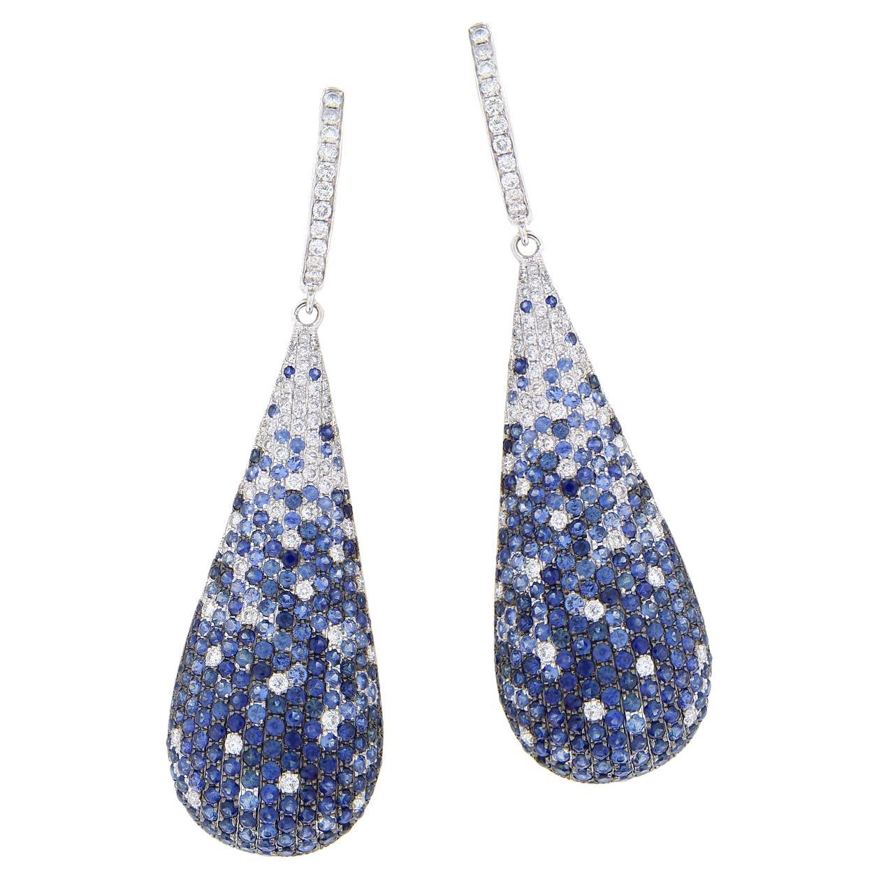18kt White Gold Stunning Drop Earrings 5.62 Ct Blue Sapphires & 1.42 Diamonds For Sale