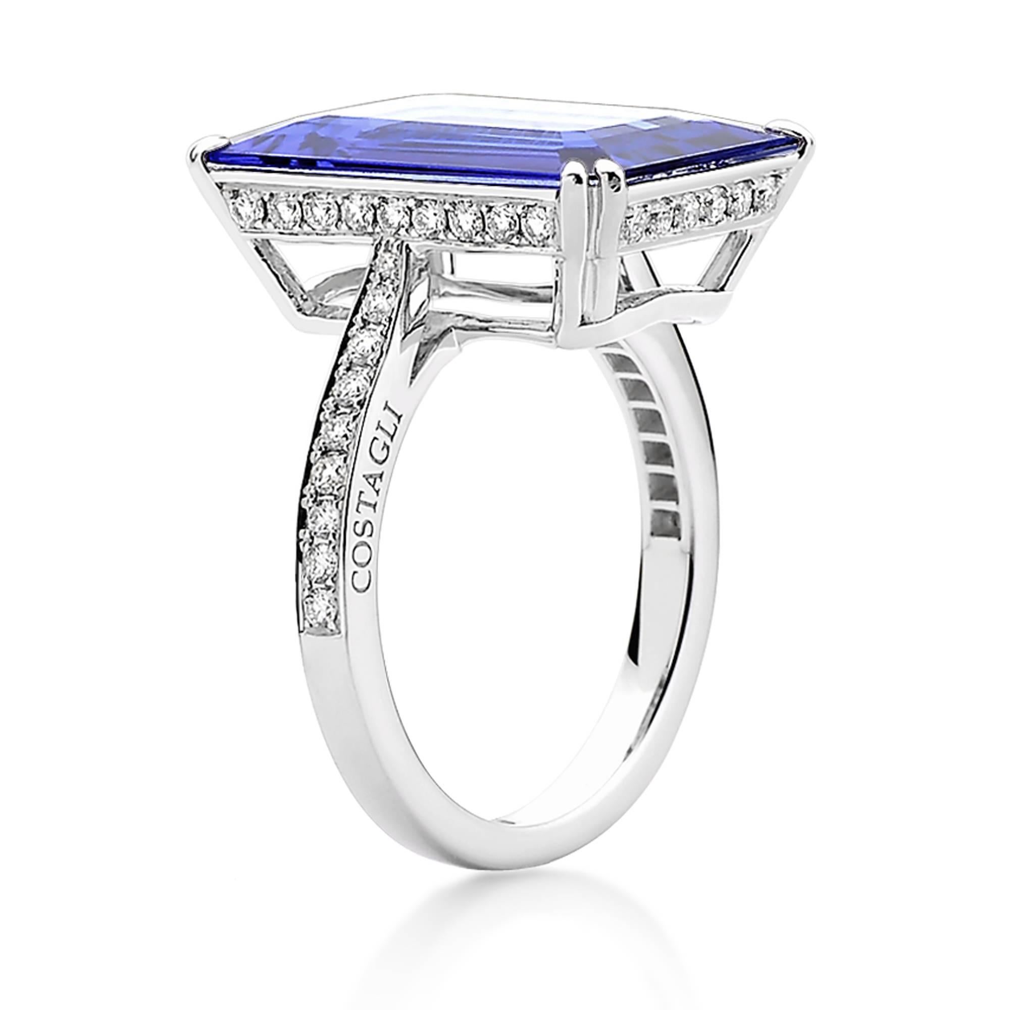 One of a kind emerald cut tanzanite 4.72 ring set in 18kt white gold with pave-set round, brilliant diamonds 0.67 carats.

An amazing and incredibly unusual emerald cut tanzanite shines bright in this 18kt gold and diamond ring.

The white and clean