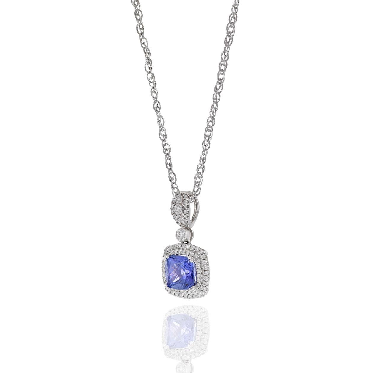 Cushion Cut 18KT White Gold Tanzanite And Diamond Pendant For Sale