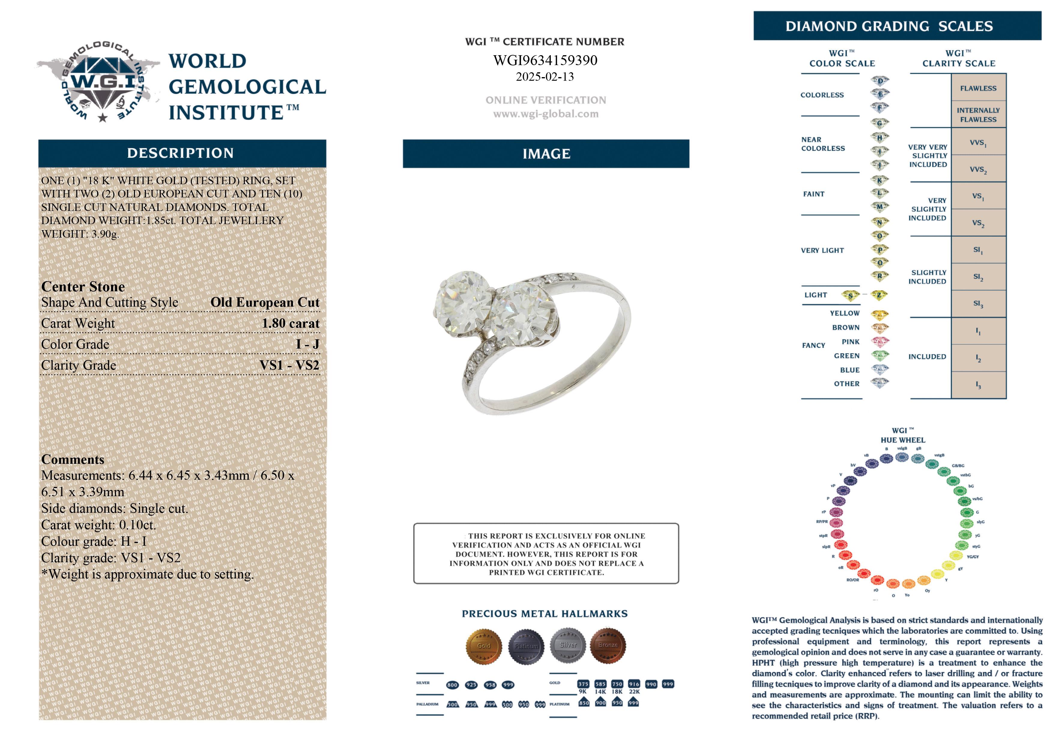 Bague Toi et Moi en or blanc 18kt, diamant ancien de taille européenne.
Fabriqué en Circa 1910 - 1930. 

Bague en or blanc 18kt, ornée de deux diamants de taille ancienne européenne, complétés par dix diamants de taille unique dans un design