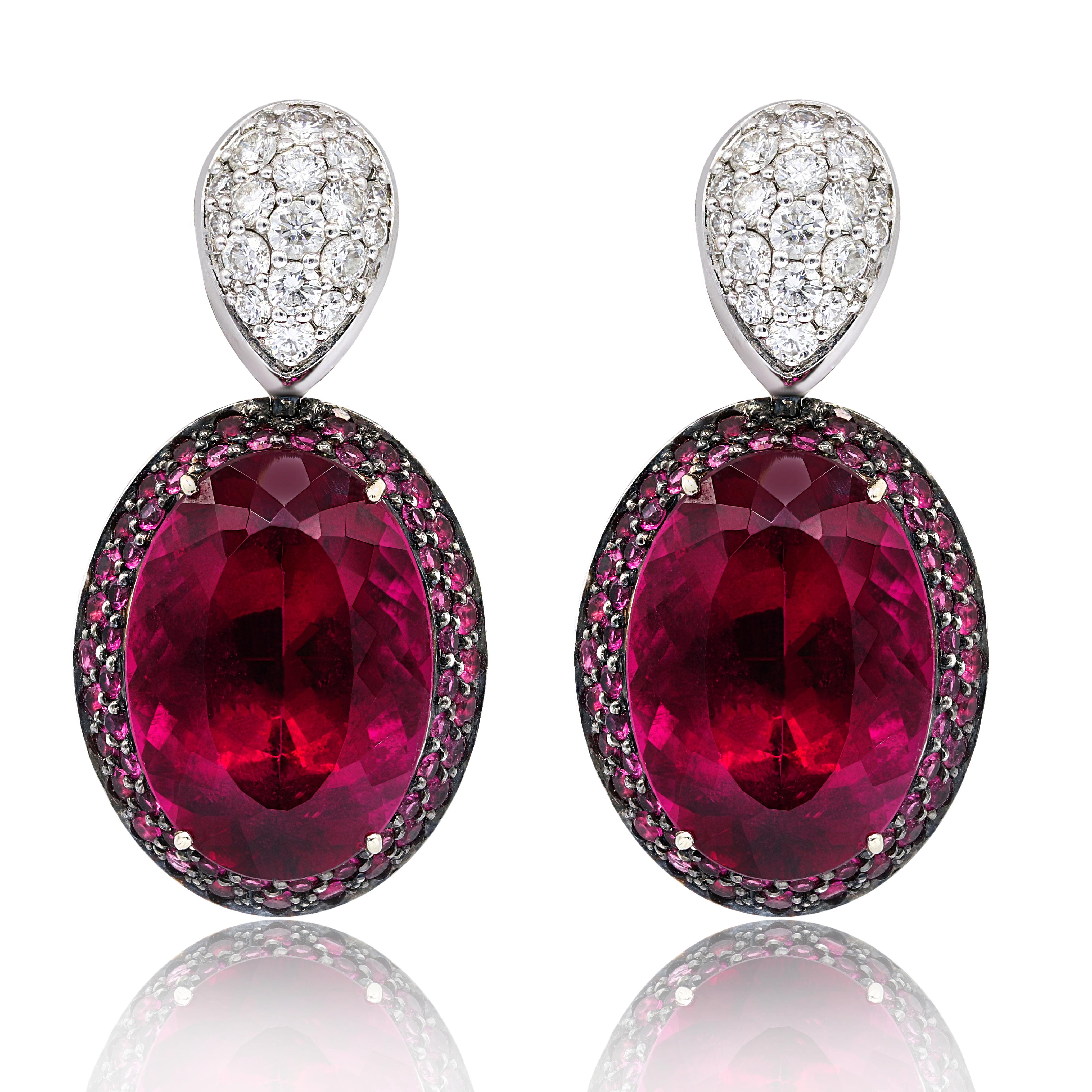 Oval Cut 18kt White Gold Tourmaline Diamond Earrings with a Diamond Top For Sale