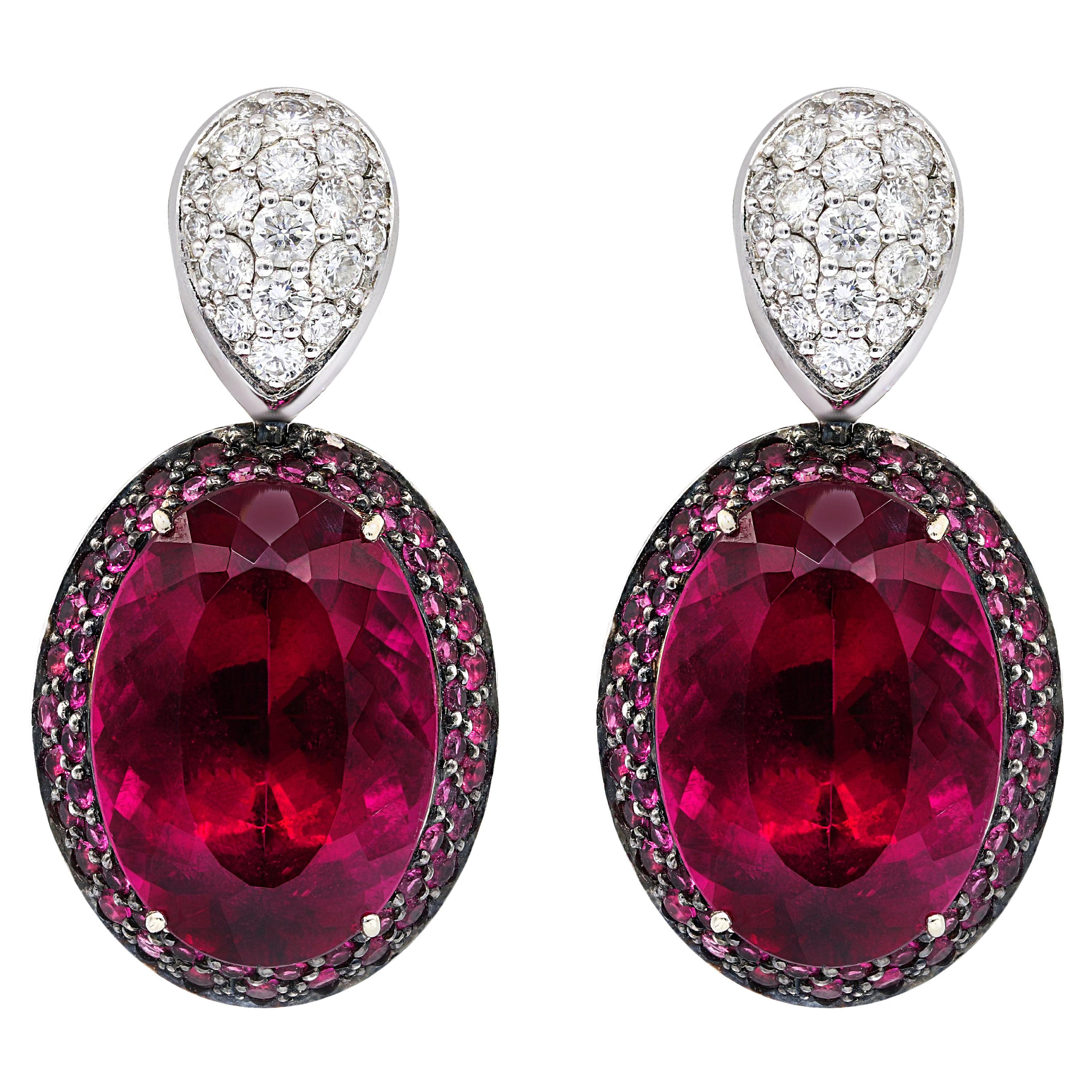 18kt White Gold Tourmaline Diamond Earrings with a Diamond Top For Sale