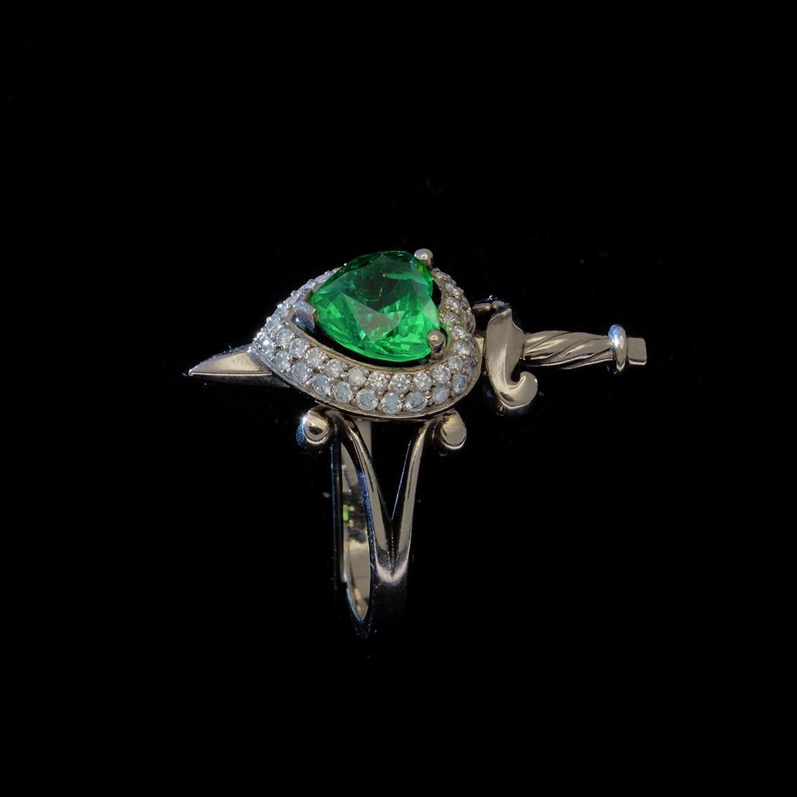 Seductive Heart and Dagger Ring in 18 Karat Gold, Tsavorite Garnet and Diamonds In New Condition In Melbourne, Vic
