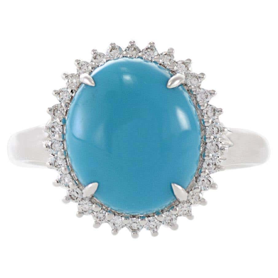 18KT White Gold Oblong Turquoise And Diamond Ring For Sale at 1stDibs