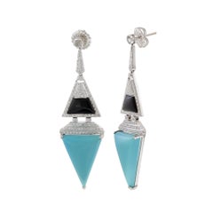18KT White Gold Turquoise, Onyx and Diamond Triangle Drop Earrings