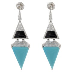 18KT White Gold Turquoise, Onyx and Diamond Triangle Drop Earrings