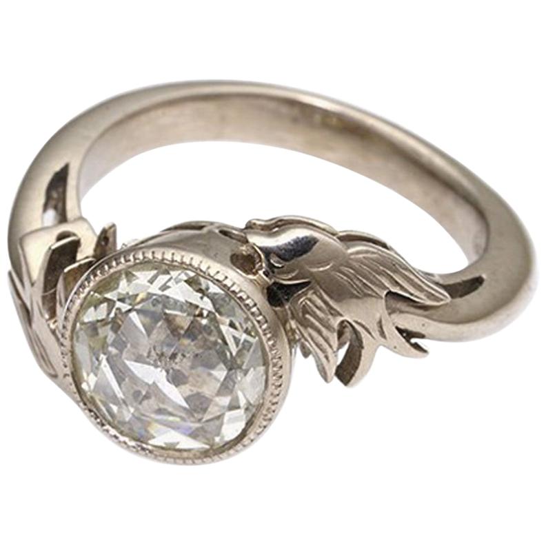 18kt White Gold Victorian Style Solitaire Ring with Swallows & Rose Cut Diamond
