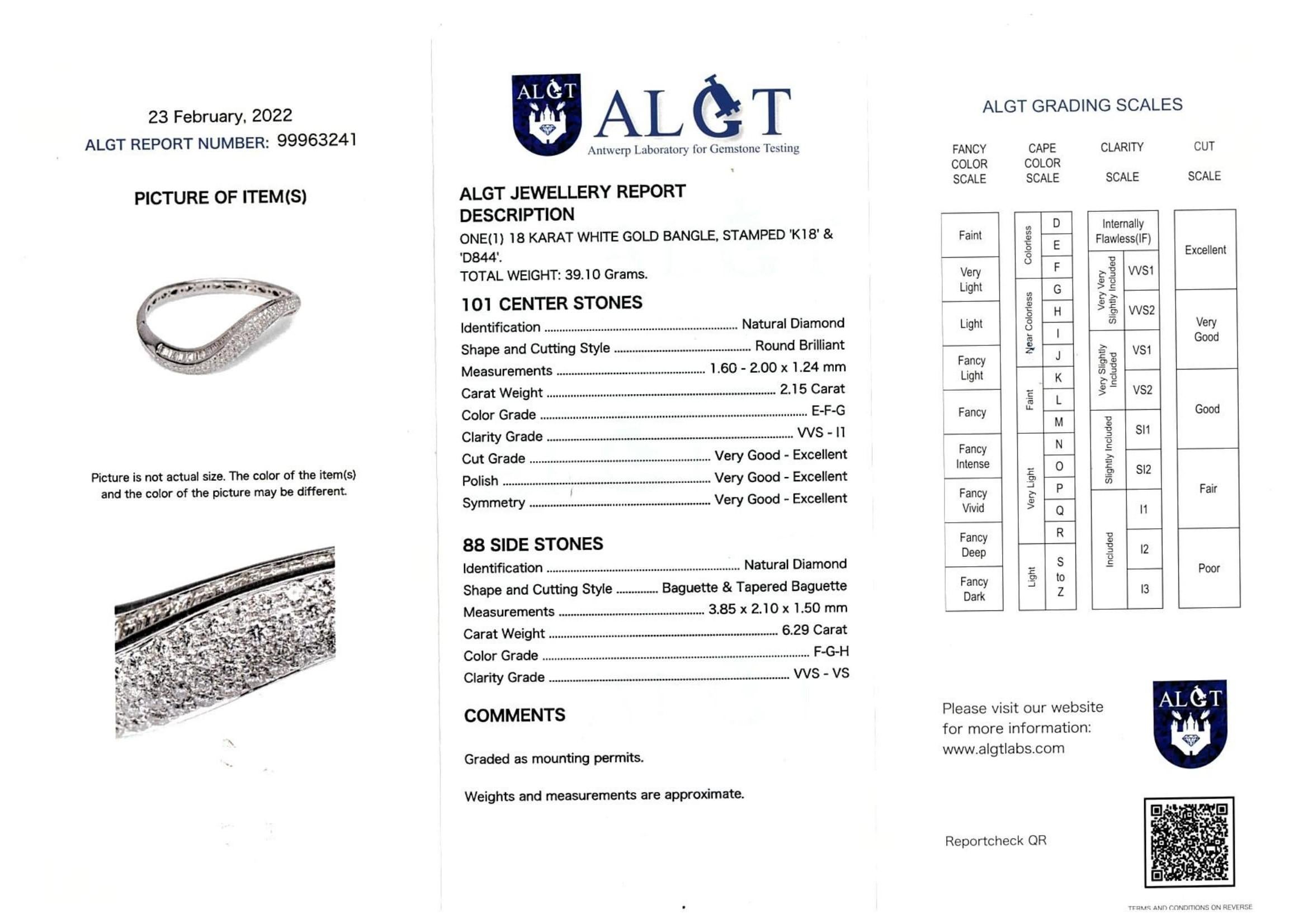 18 Karat Weißgold Wave Armreif Rund & Baguette 8,44 Karat Diamanten, ALGT zertifiziert im Angebot 14