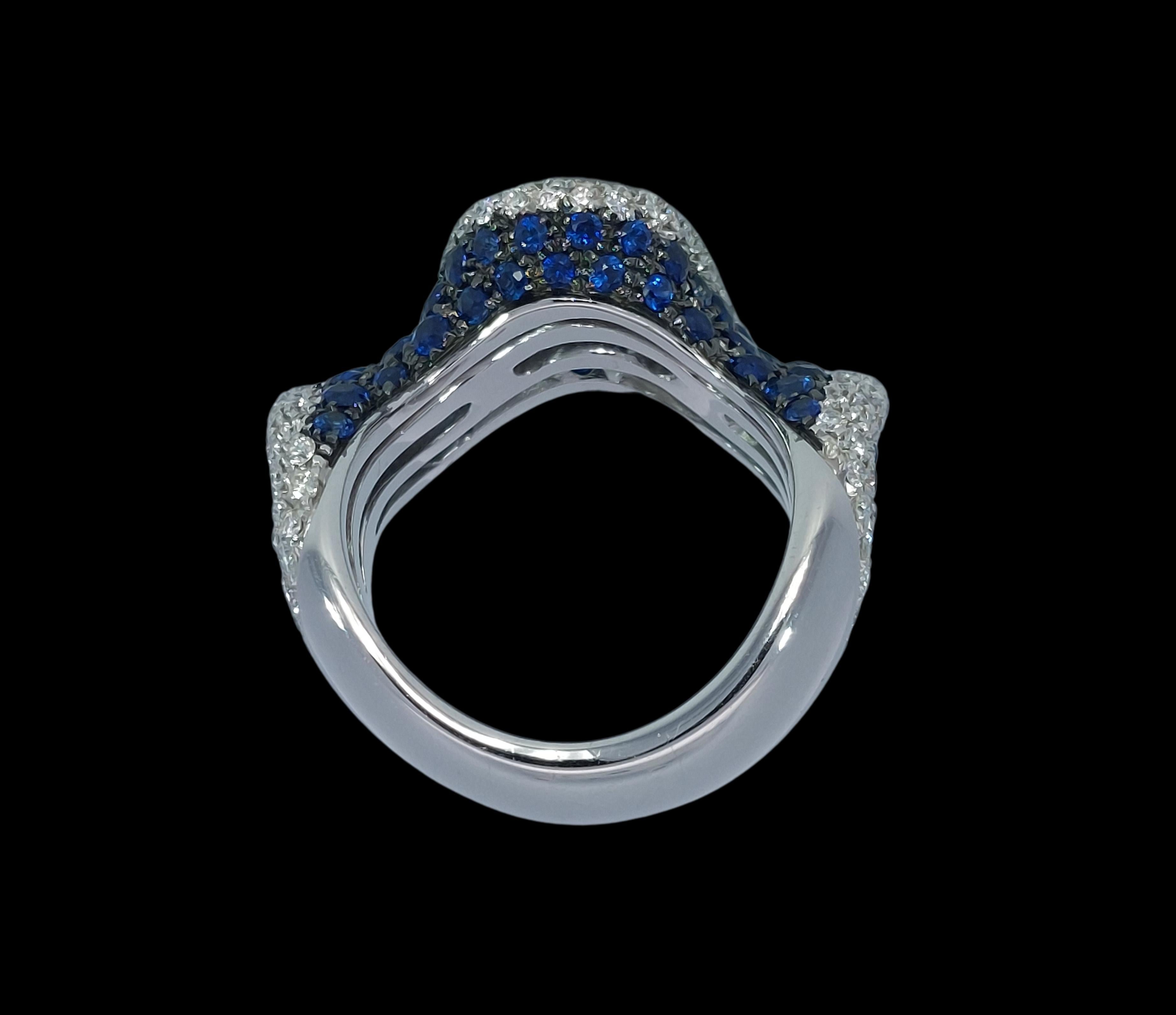 18kt White Gold Wavy Ring with 2.6ct Diamonds & 2.8ct Blue Sapphires For Sale 6