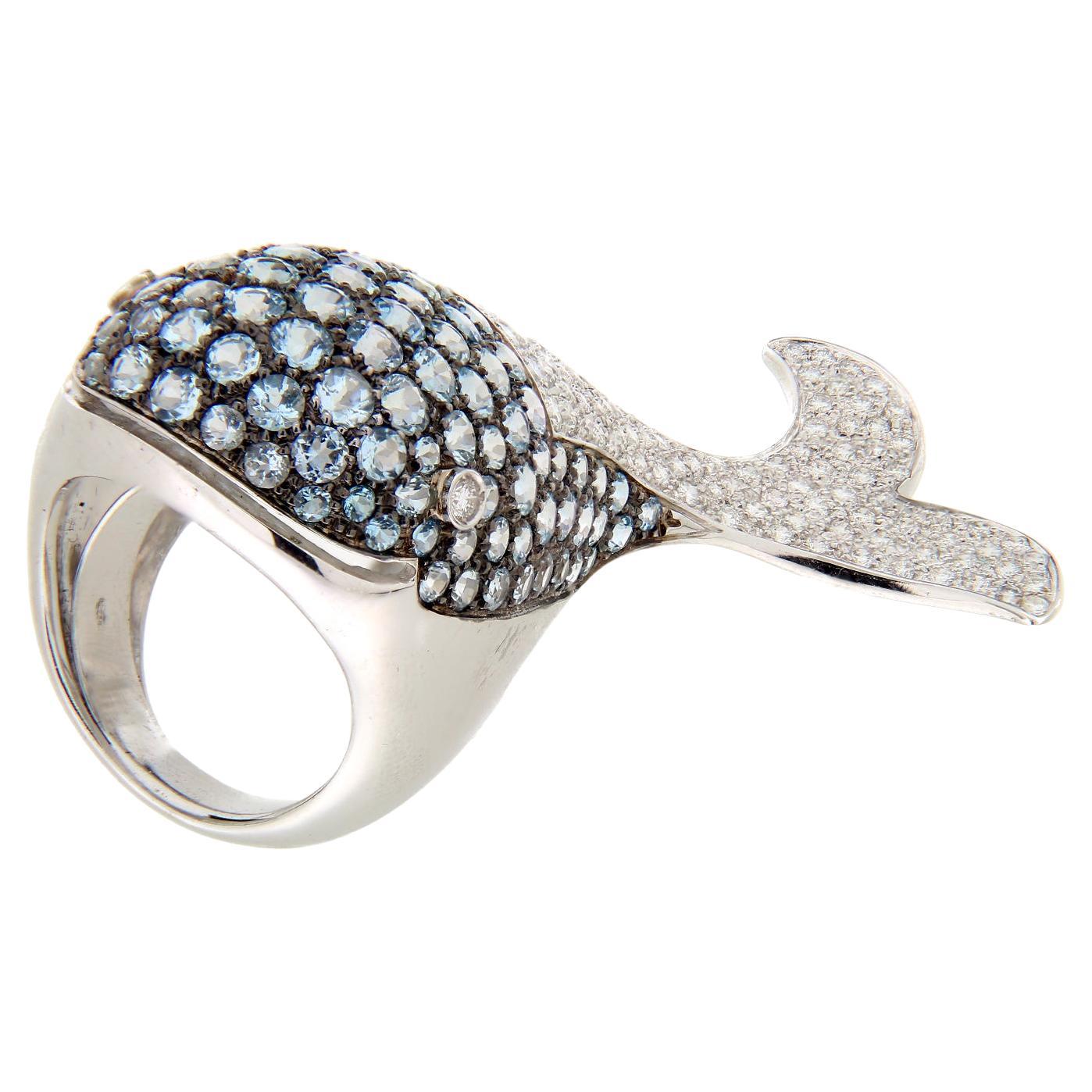 18Kt White Gold "Whale" Ring Diamonds 1.71 Ct Aquamarine 7.10 Ct For Sale