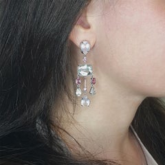 18Kt White Gold Whit Pink Tourmaline Green Amethyst Pink Quartz Earrings