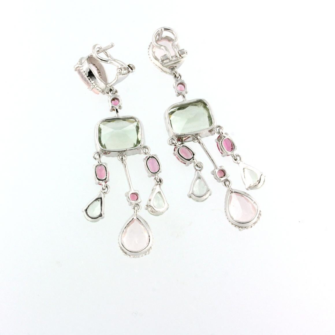Modern 18Kt White Gold Whit Pink Tourmaline Green Amethyst Pink Quartz Earrings For Sale