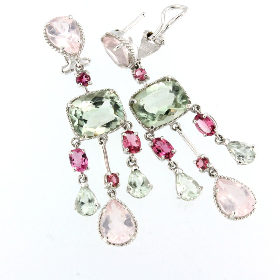 Mixed Cut 18Kt White Gold Whit Pink Tourmaline Green Amethyst Pink Quartz Earrings For Sale