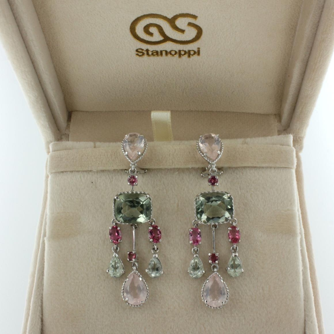 18Kt White Gold Whit Pink Tourmaline Green Amethyst Pink Quartz Earrings In New Condition For Sale In GALLARATE, IT