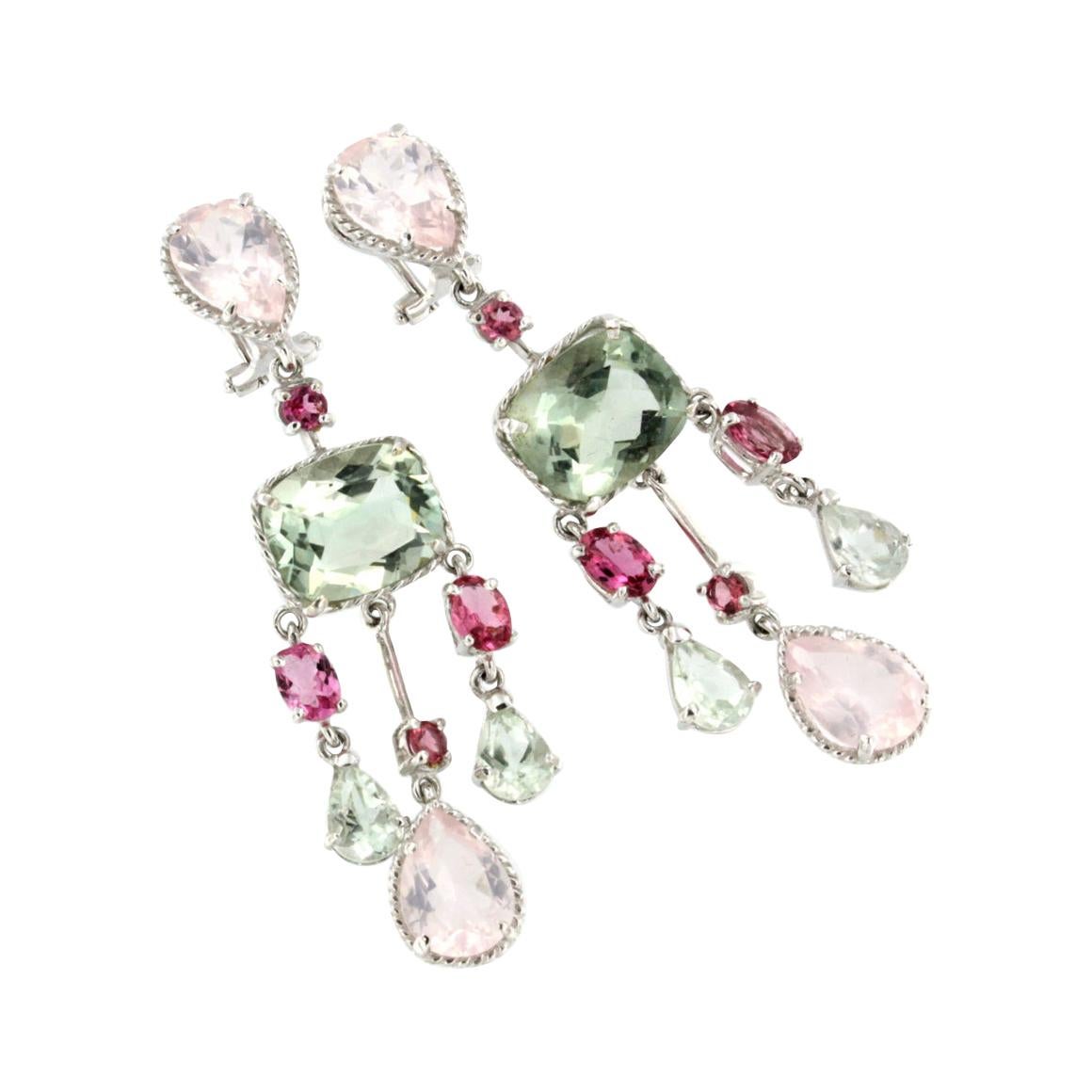 Boucles d'oreilles en or blanc 18 carats avec tourmaline rose, améthyste verte et quartz rose