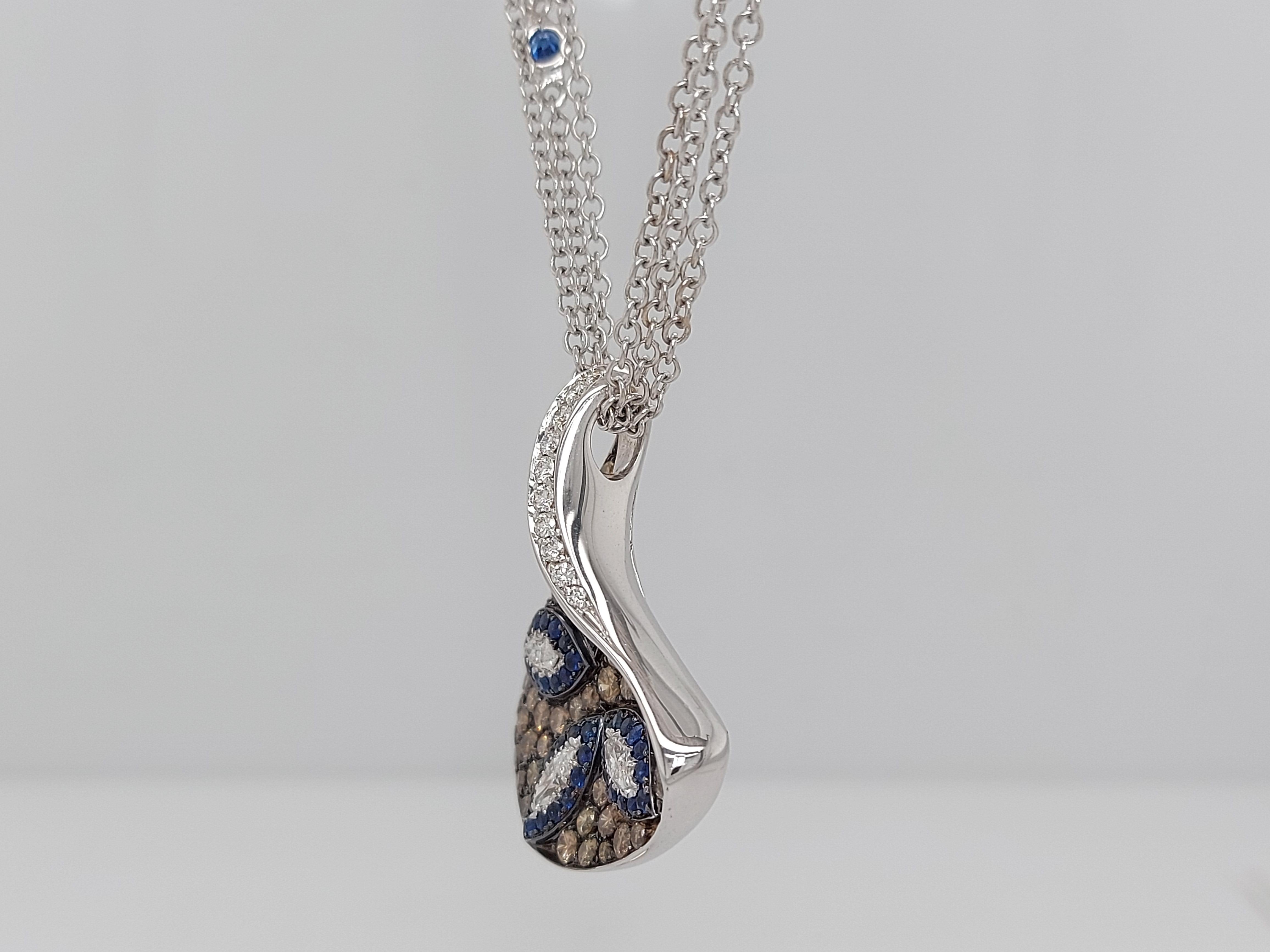 18kt White Gold, White & Brown Diamonds & Sapphire, Triangle Pendant Necklace For Sale 6