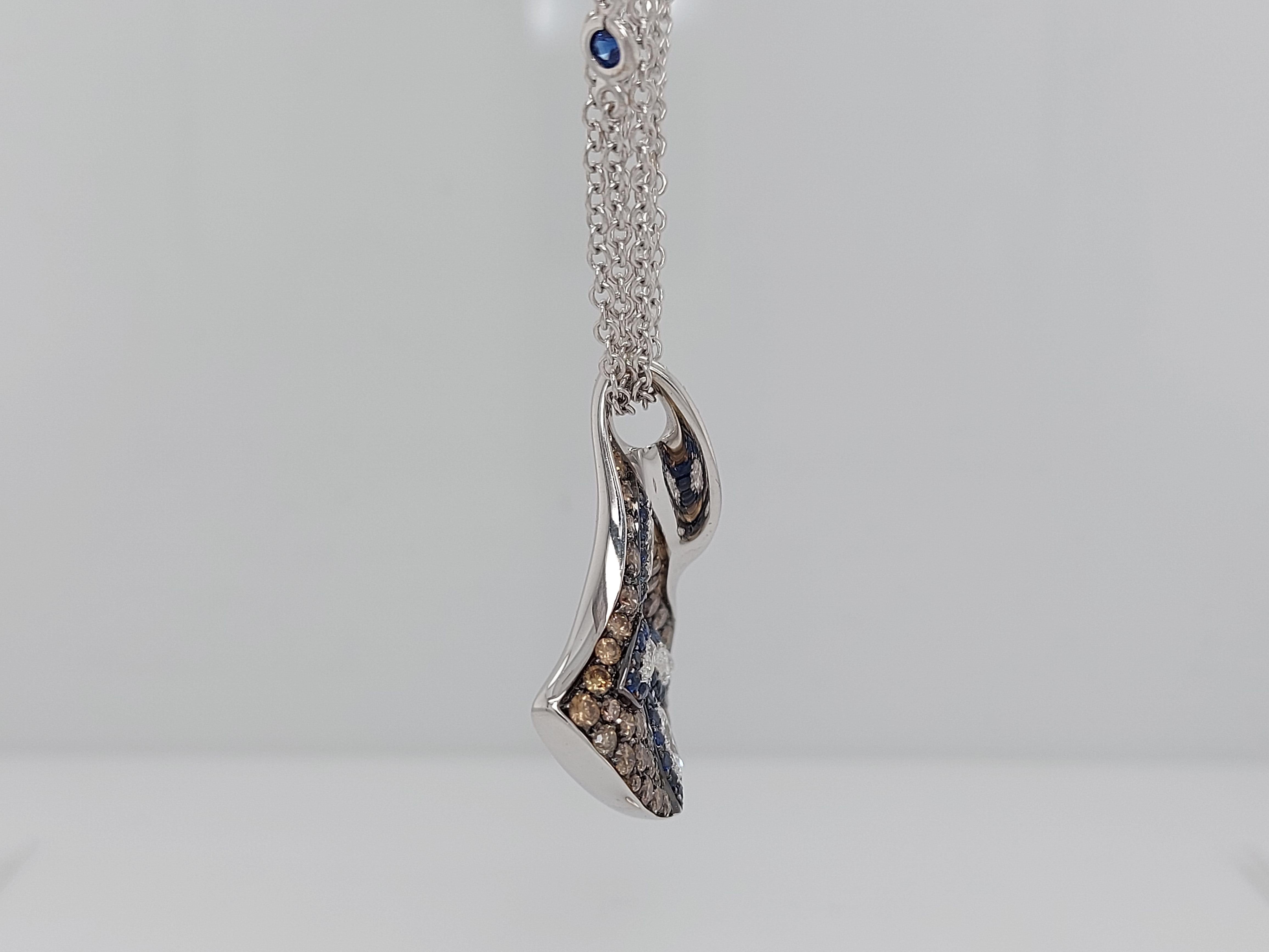 18kt White Gold, White & Brown Diamonds & Sapphire, Triangle Pendant Necklace For Sale 8