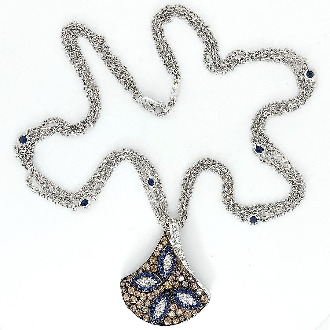 18kt White Gold, White & Brown Diamonds & Sapphire, Triangle Pendant Necklace For Sale 11