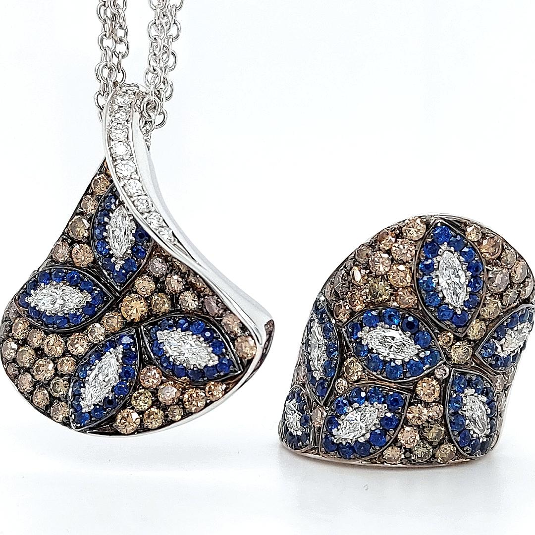 18kt White Gold, White & Brown Diamonds & Sapphire, Triangle Pendant Necklace For Sale 12