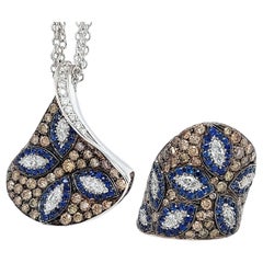 18kt White Gold, White & Brown Diamonds & Sapphire, Triangle Pendant Necklace