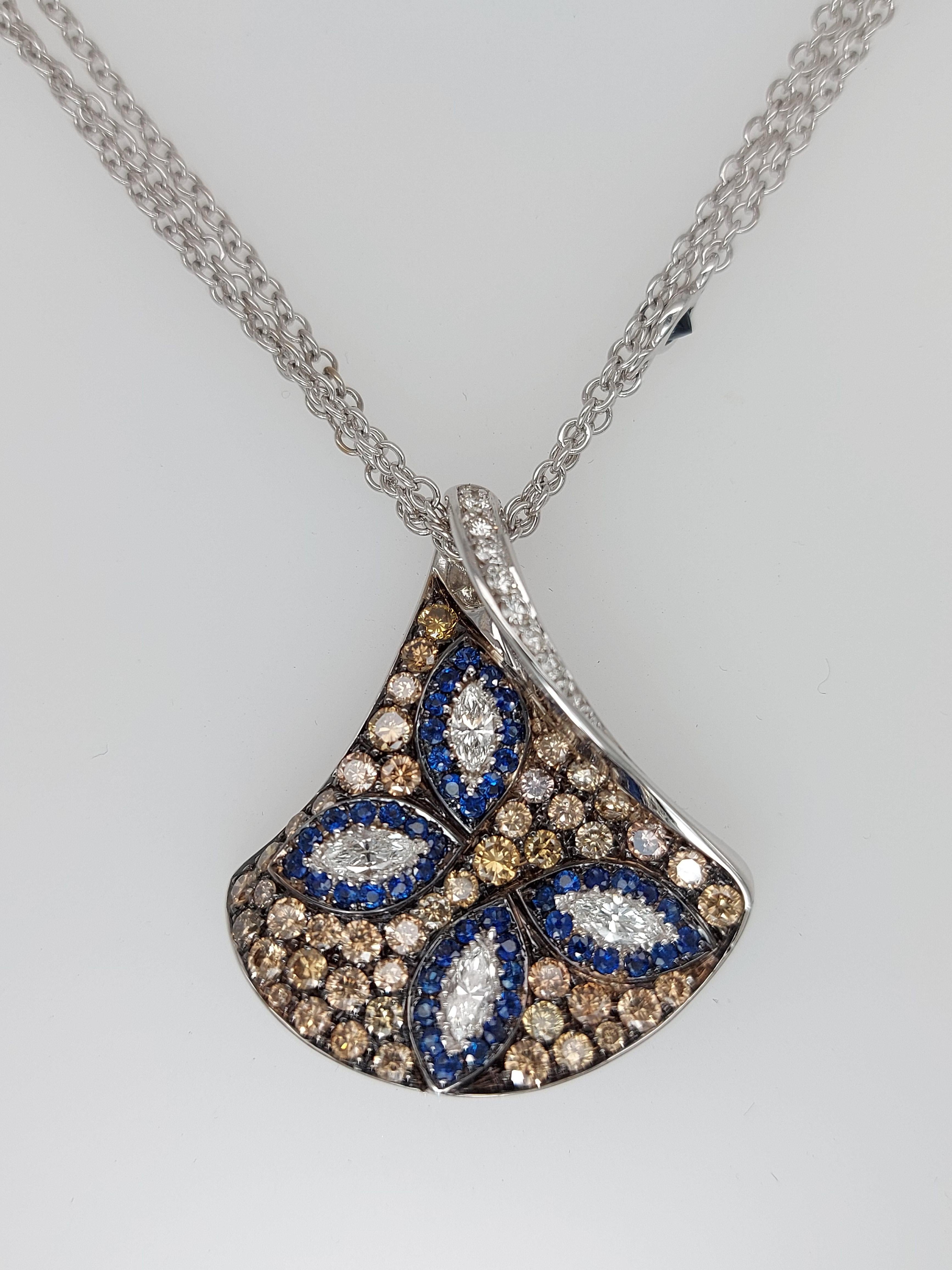 Artisan 18kt White Gold, White & Brown Diamonds & Sapphire, Triangle Pendant Necklace For Sale