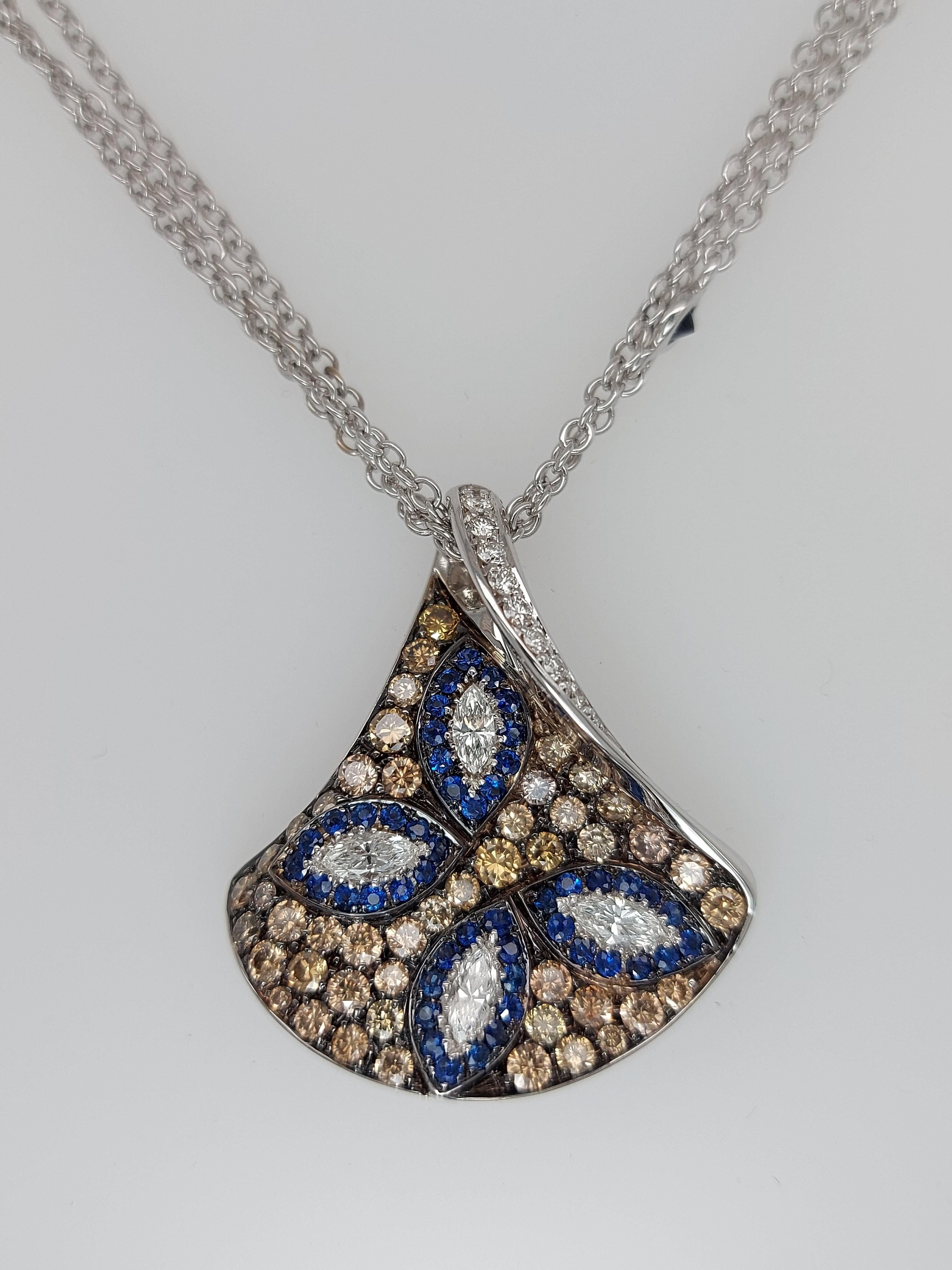 Brilliant Cut 18kt White Gold, White & Brown Diamonds & Sapphire, Triangle Pendant Necklace For Sale