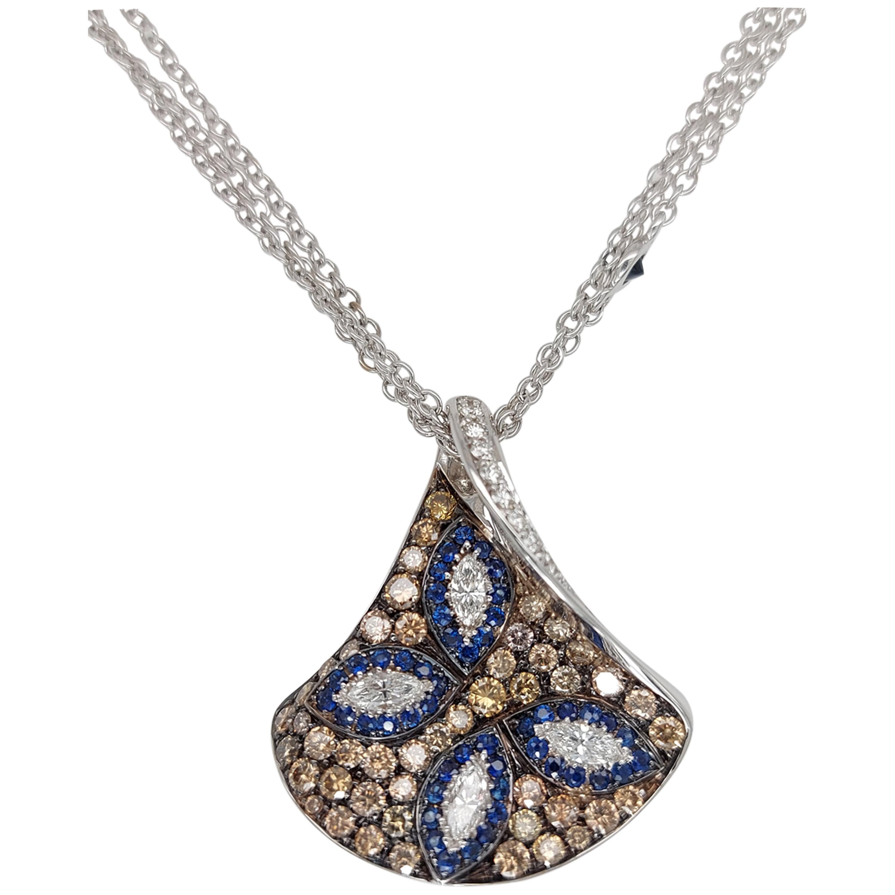 18kt White Gold, White & Brown Diamonds & Sapphire, Triangle Pendant Necklace For Sale