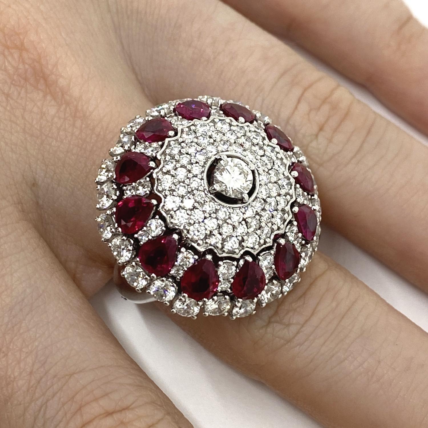 Ring made of 18kt white gold with natural brilliant-cut diamonds for ct.4.99 and natural ruby drops for ct .4.05

Welcome to our jewelry collection, where every piece tells a story of timeless elegance and unparalleled craftsmanship. As a family-run